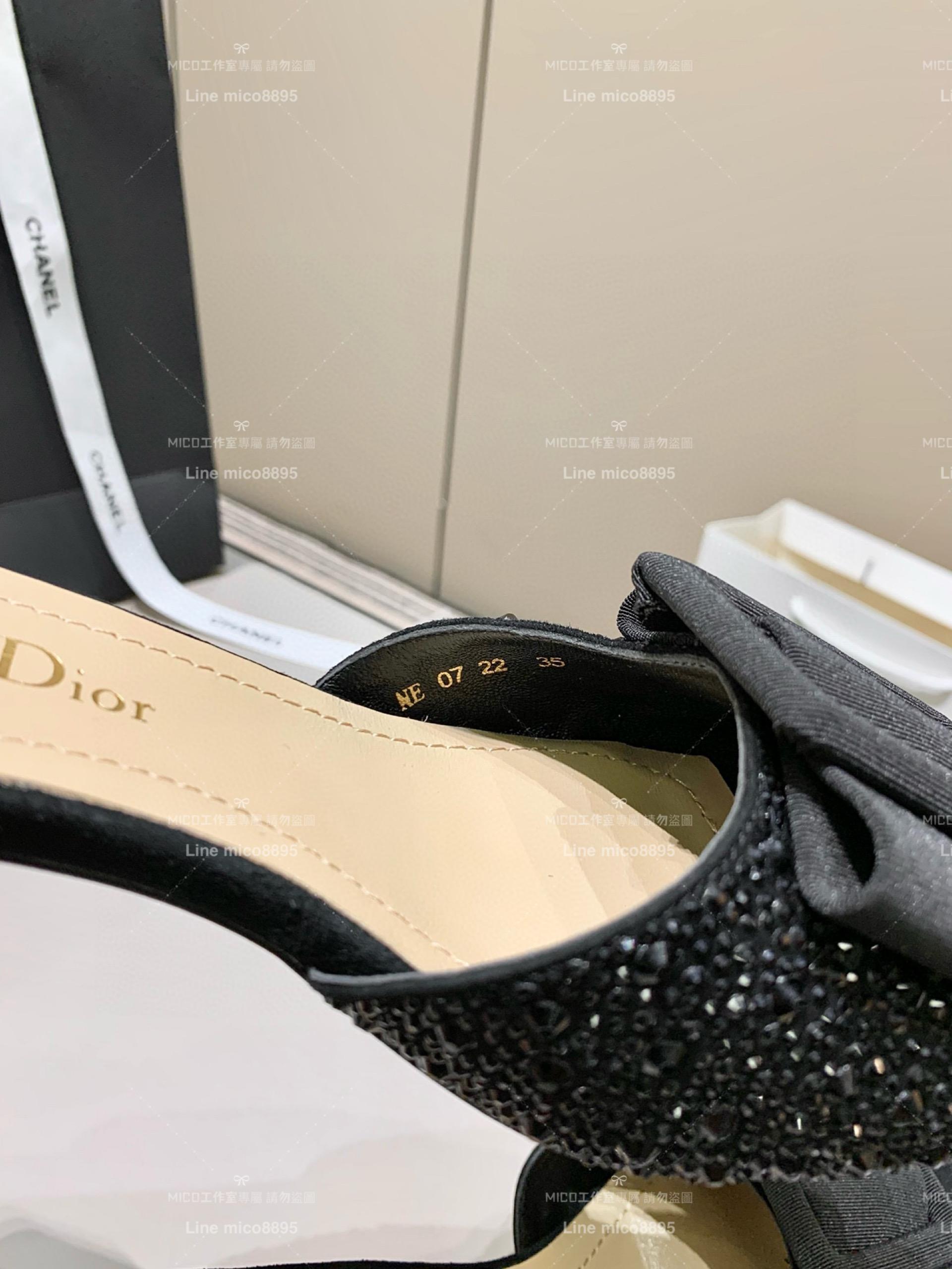 DIOR｜簡約款 漆皮款 黑色緞帶蝴蝶結帶鑽面 粗跟微方頭魚口涼鞋 拖鞋 4cm 35-39