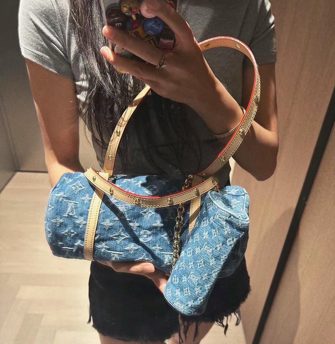 LV 路易威登｜ M46830 藍色 (丹寧牛仔)石洗工藝  Papillon Denim Bleu 子母手袋/圓筒包 復古風格 27cm