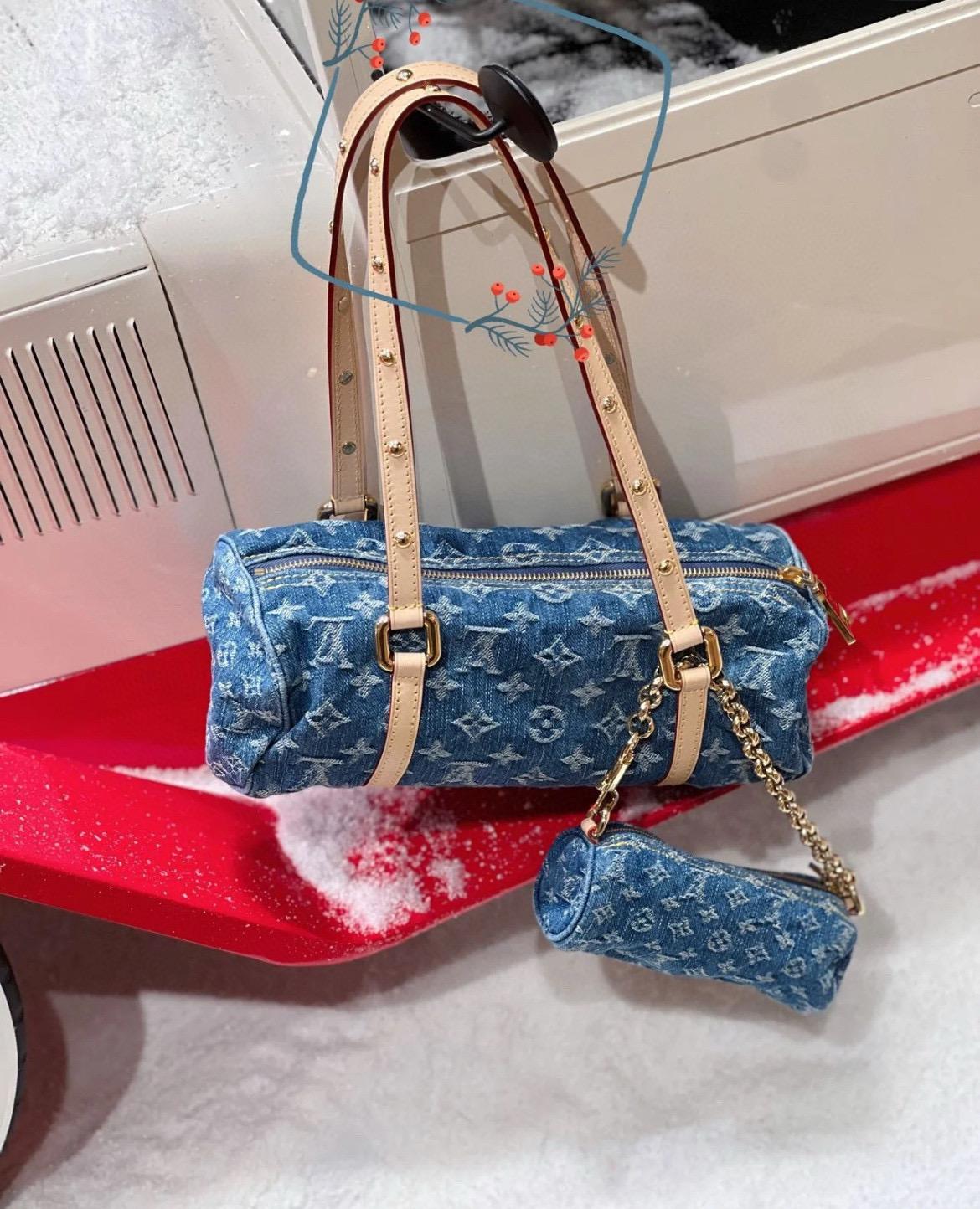 LV 路易威登｜ M46830 藍色 (丹寧牛仔)石洗工藝  Papillon Denim Bleu 子母手袋/圓筒包 復古風格 27cm