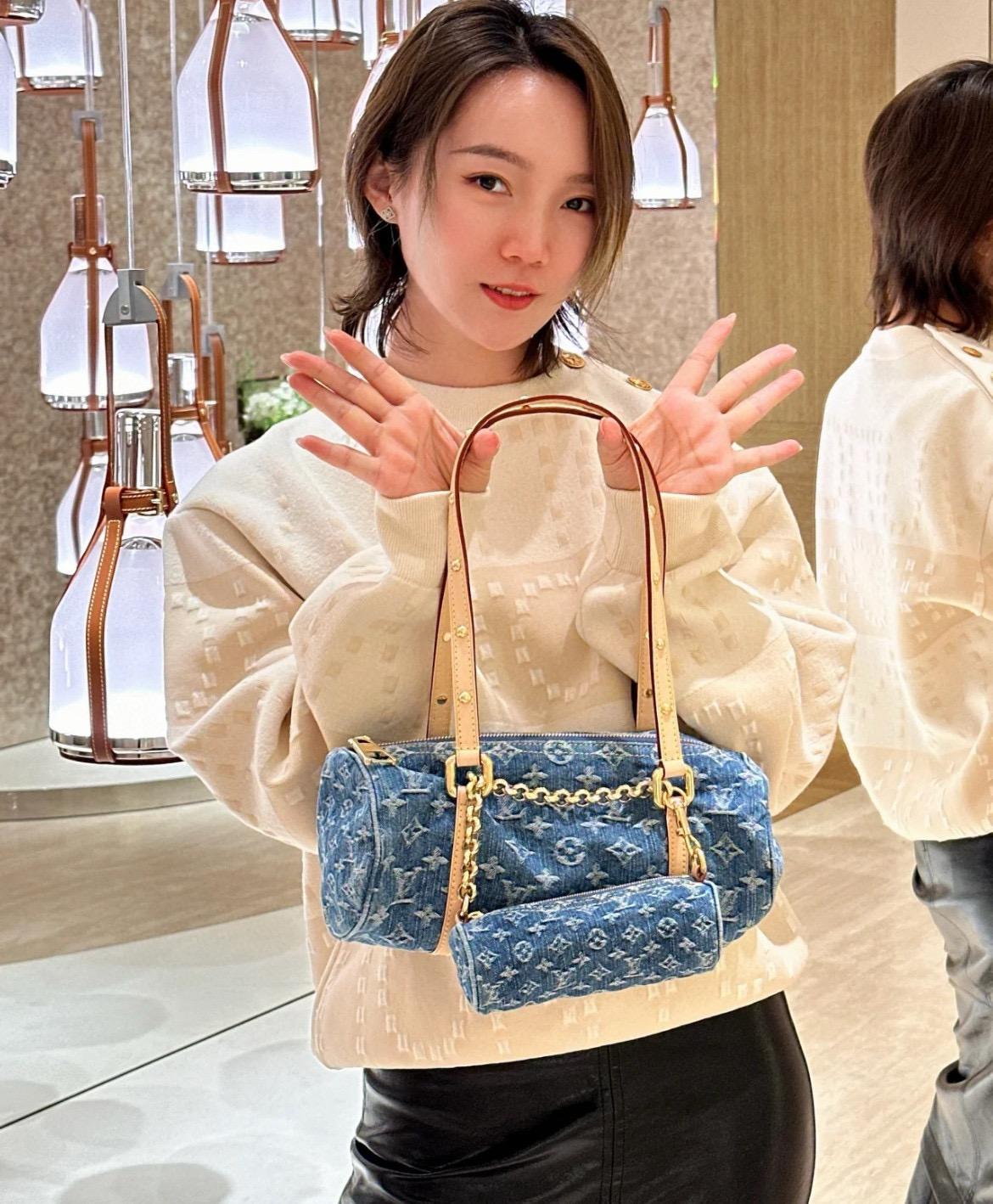 LV 路易威登｜ M46830 藍色 (丹寧牛仔)石洗工藝  Papillon Denim Bleu 子母手袋/圓筒包 復古風格 27cm