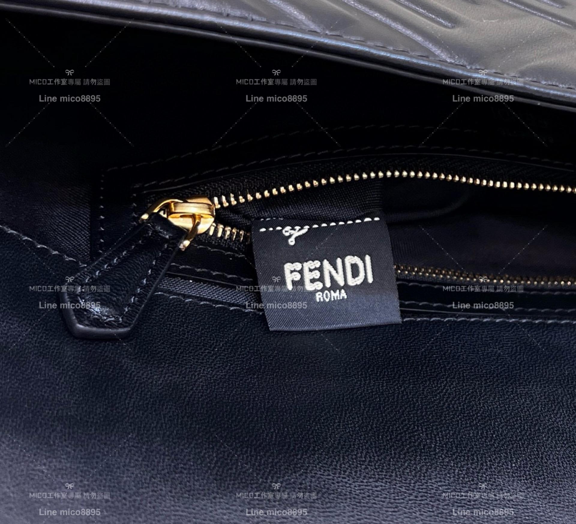 FENDI 黑色羊皮 大號Baguette法棍包 翻蓋斜挎手提包 羊皮壓印全身 F設計 32.5cm