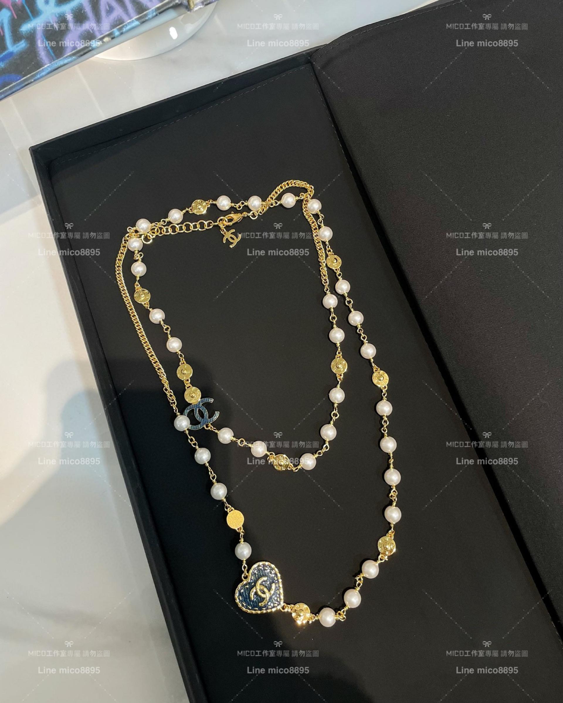 CHANEL｜24p 牛仔愛心珍珠毛衣長鏈 毛衣鍊 長項鍊