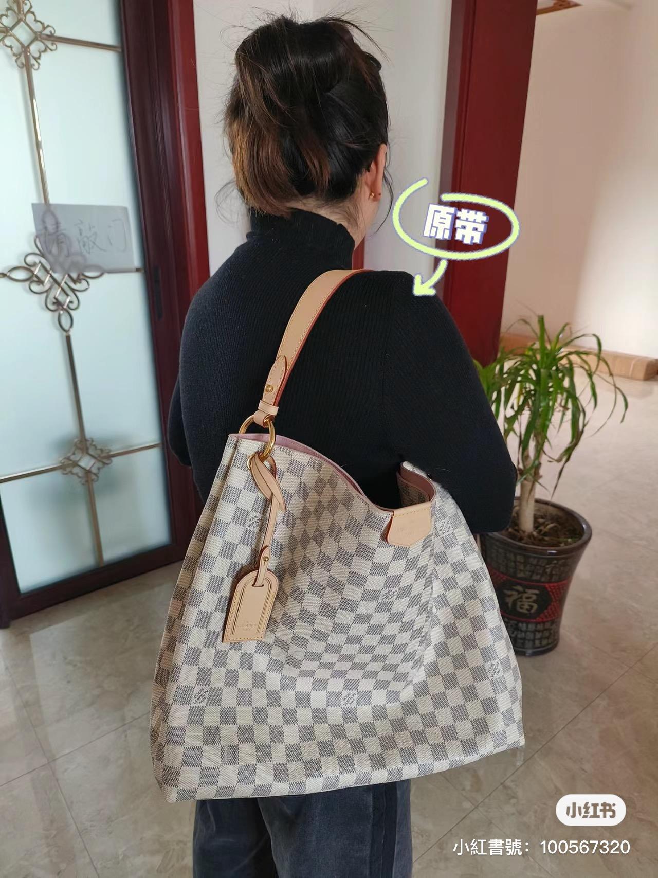 LV 【GRACEFUL 中號手袋】N42233白格（杏色） 清新的 Damier Azur 帆布購物袋 媽媽包