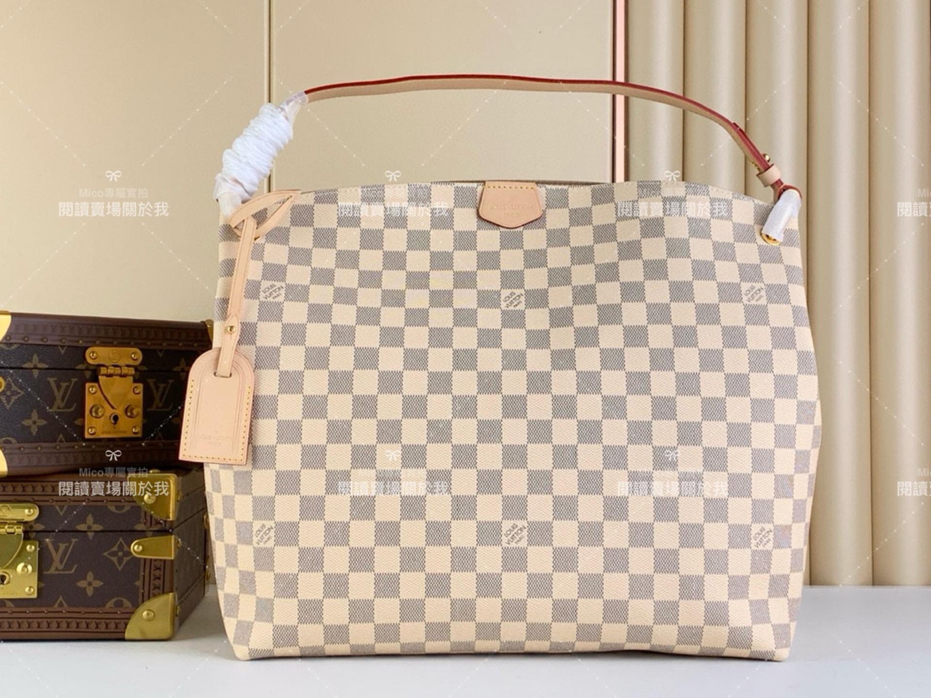 LV 【GRACEFUL 中號手袋】N42233白格（杏色） 清新的 Damier Azur 帆布購物袋 媽媽包