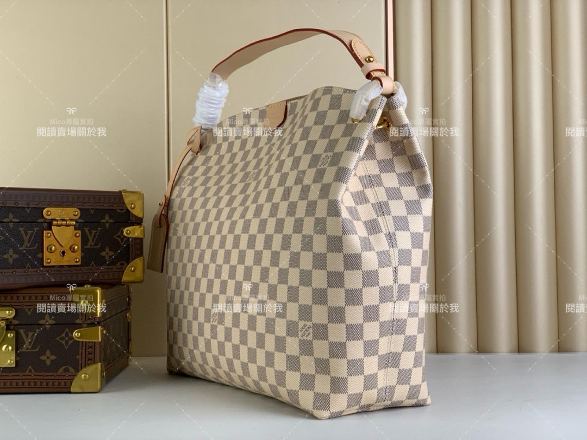 LV 【GRACEFUL 中號手袋】N42233白格（杏色） 清新的 Damier Azur 帆布購物袋 媽媽包