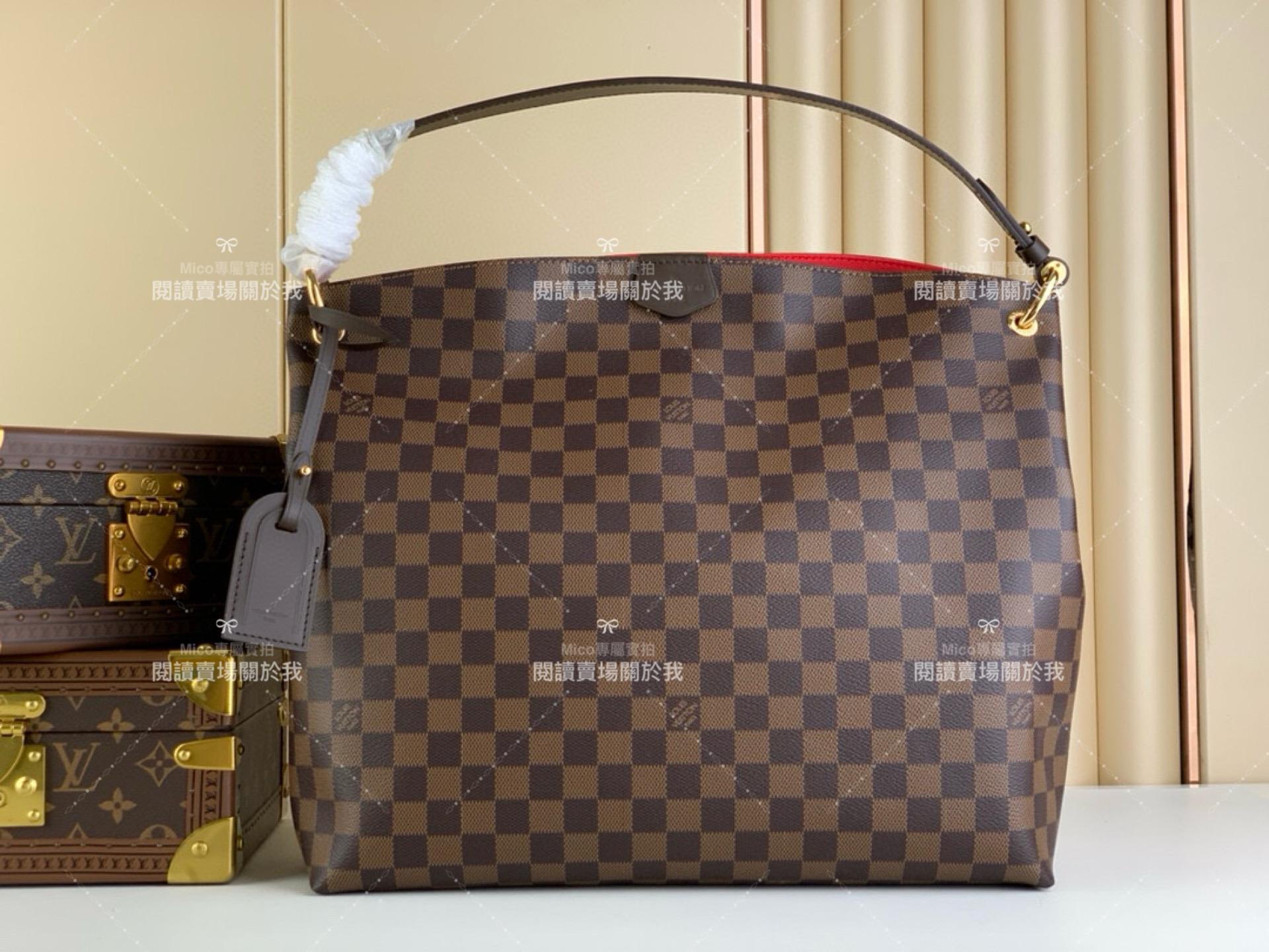 LV 【GRACEFUL 中號手袋】N44045咖啡格（紅色） 清新的 Damier Azur 帆布購物袋 媽媽包