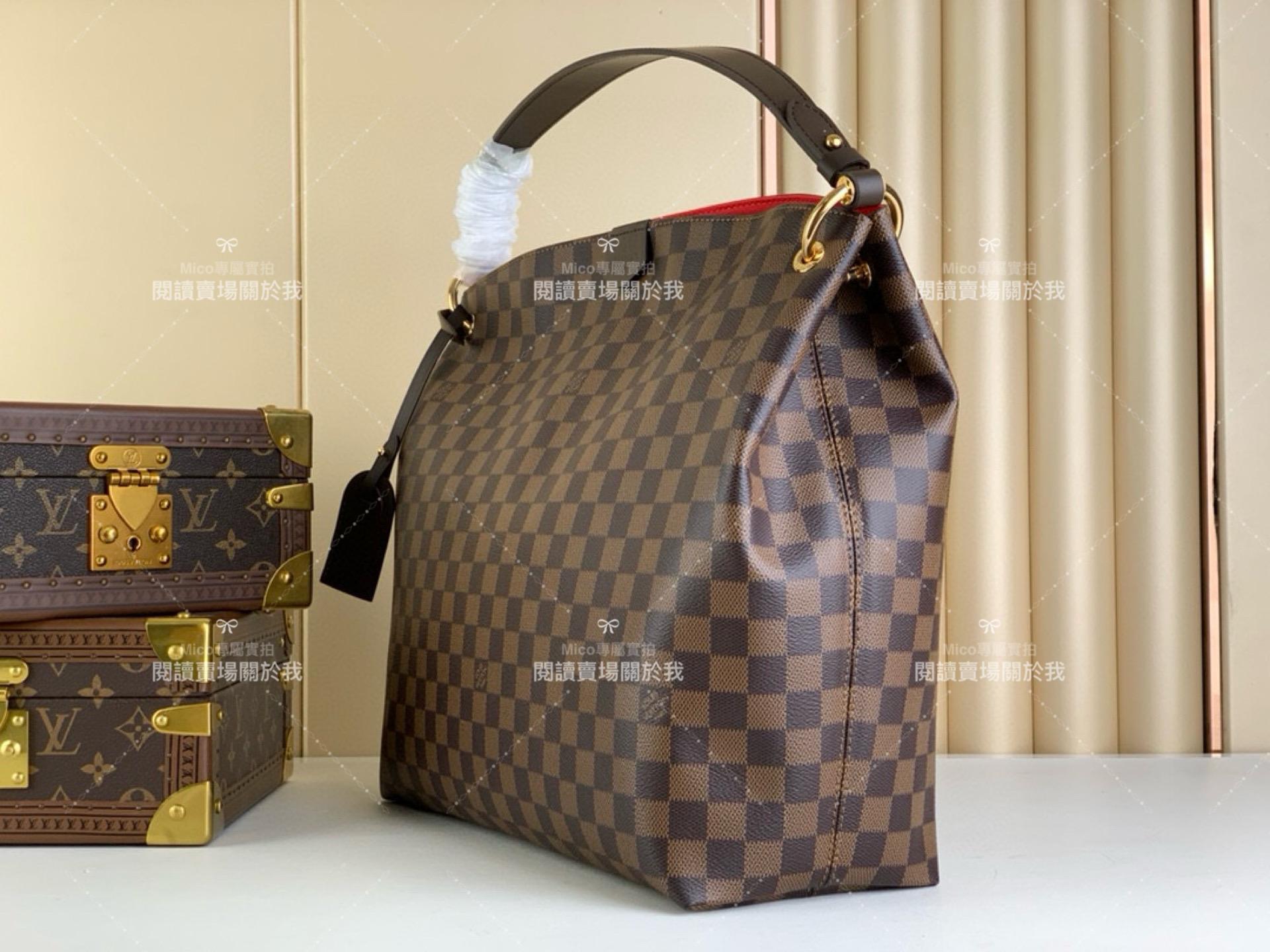 LV 【GRACEFUL 中號手袋】N44045咖啡格（紅色） 清新的 Damier Azur 帆布購物袋 媽媽包