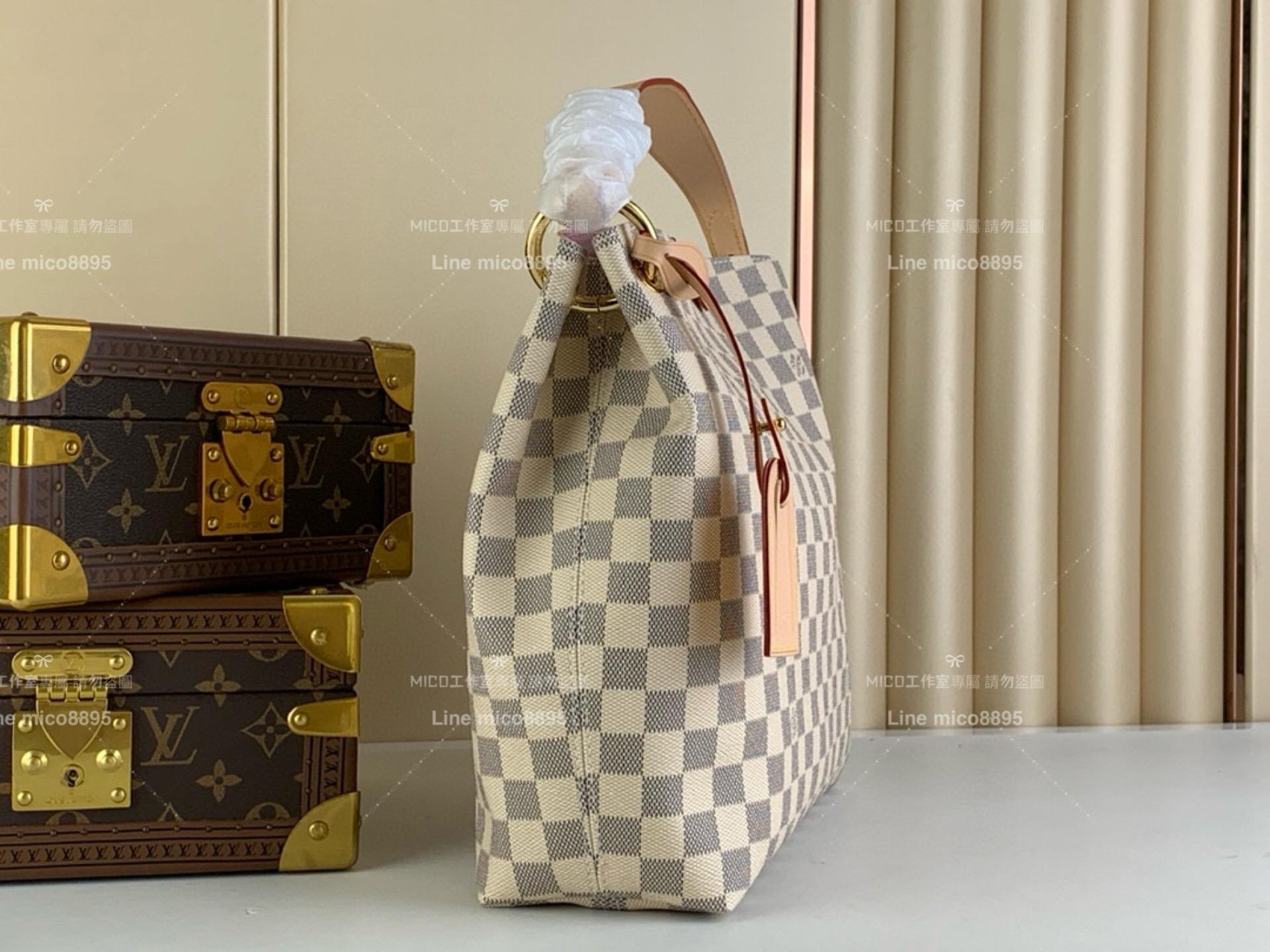 LV GRACEFUL PM 小號手袋 N42249 白色棋盤格 (粉）Damier Azur 帆布購物袋 媽媽包 30cm