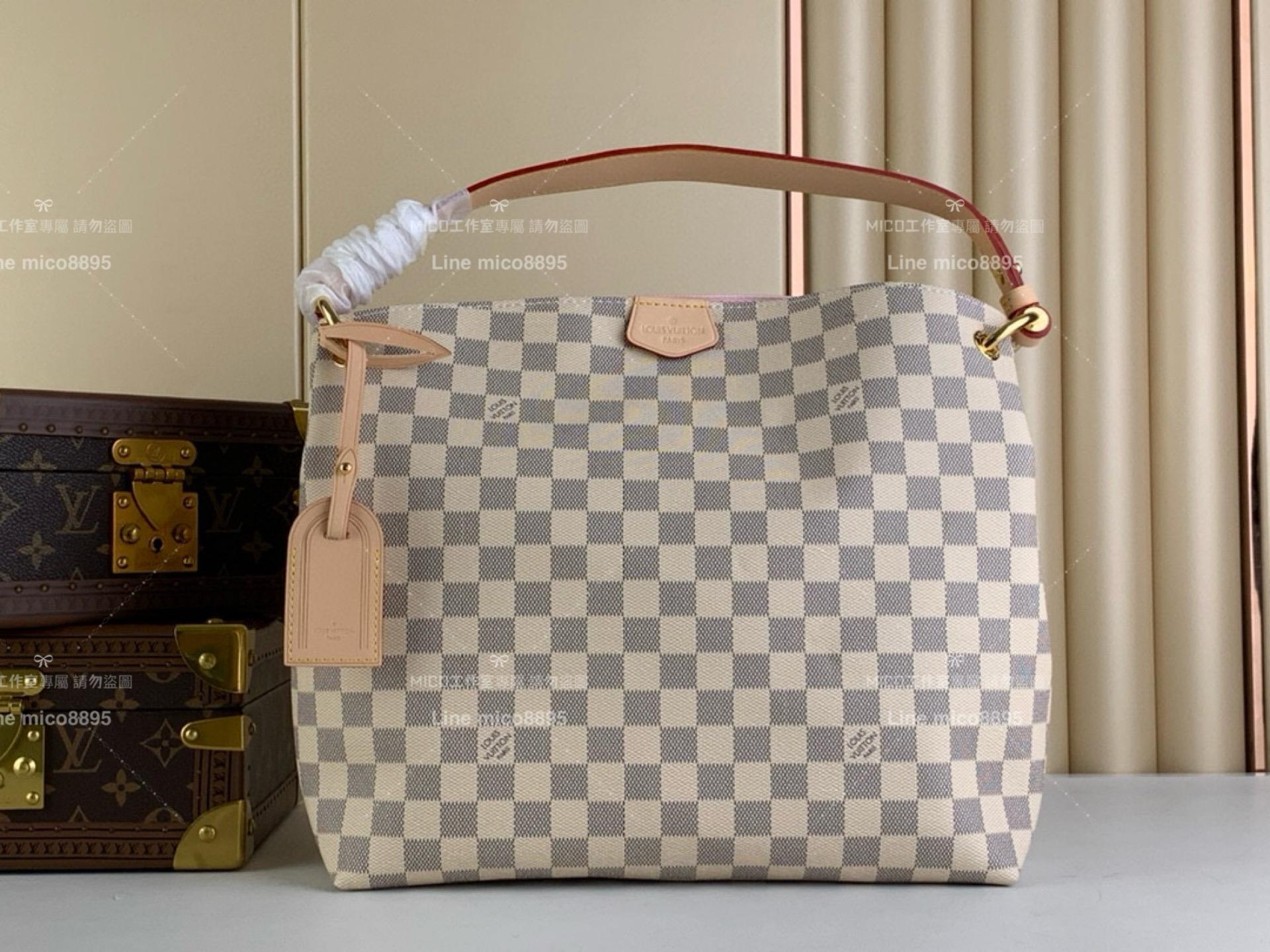 LV GRACEFUL PM 小號手袋 N42249 白色棋盤格 (粉）Damier Azur 帆布購物袋 媽媽包 30cm