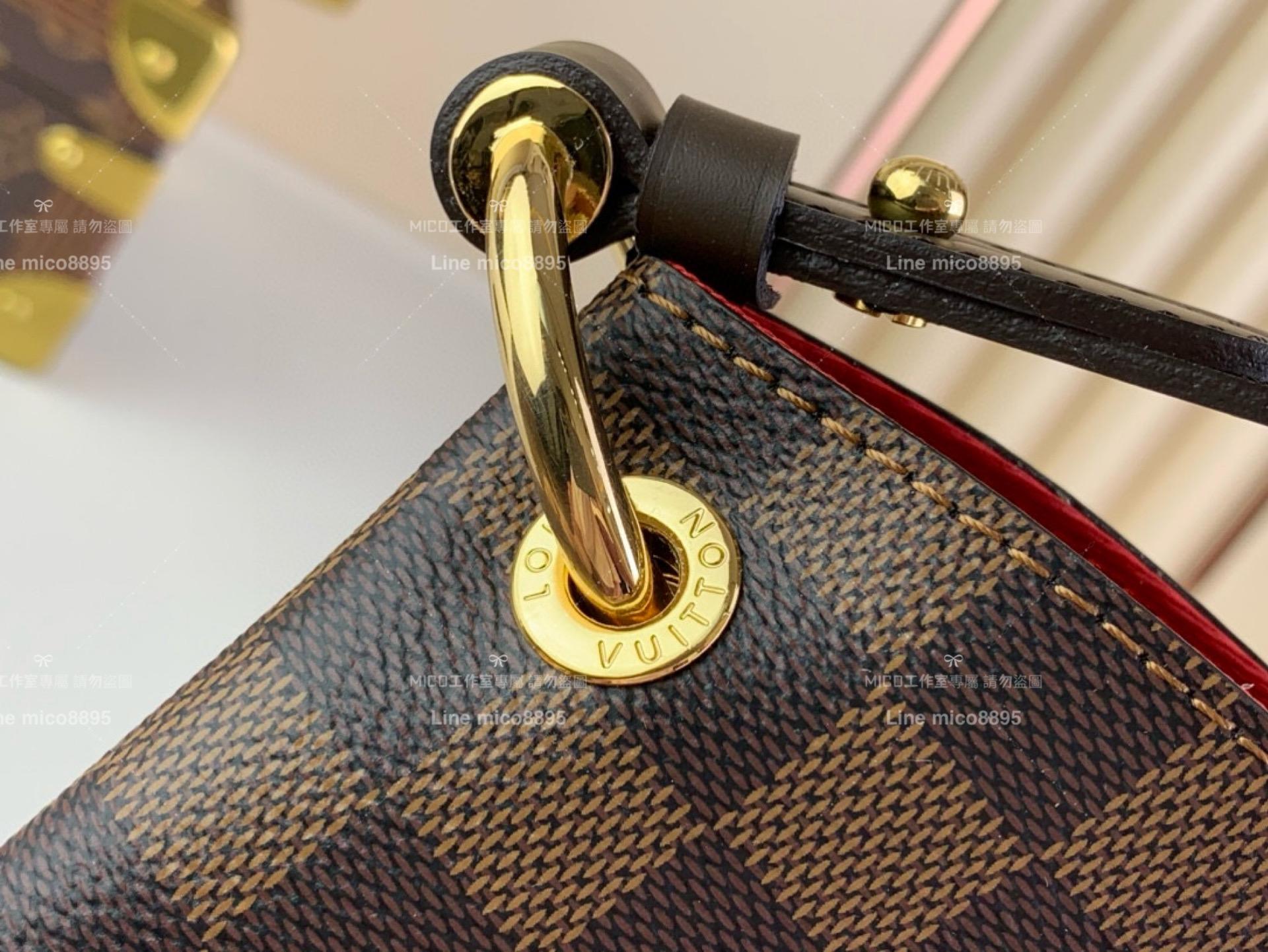 LV GRACEFUL PM 小號手袋 N44044 咖色棋盤格 (紅）Damier Azur 帆布購物袋 媽媽包 30cm