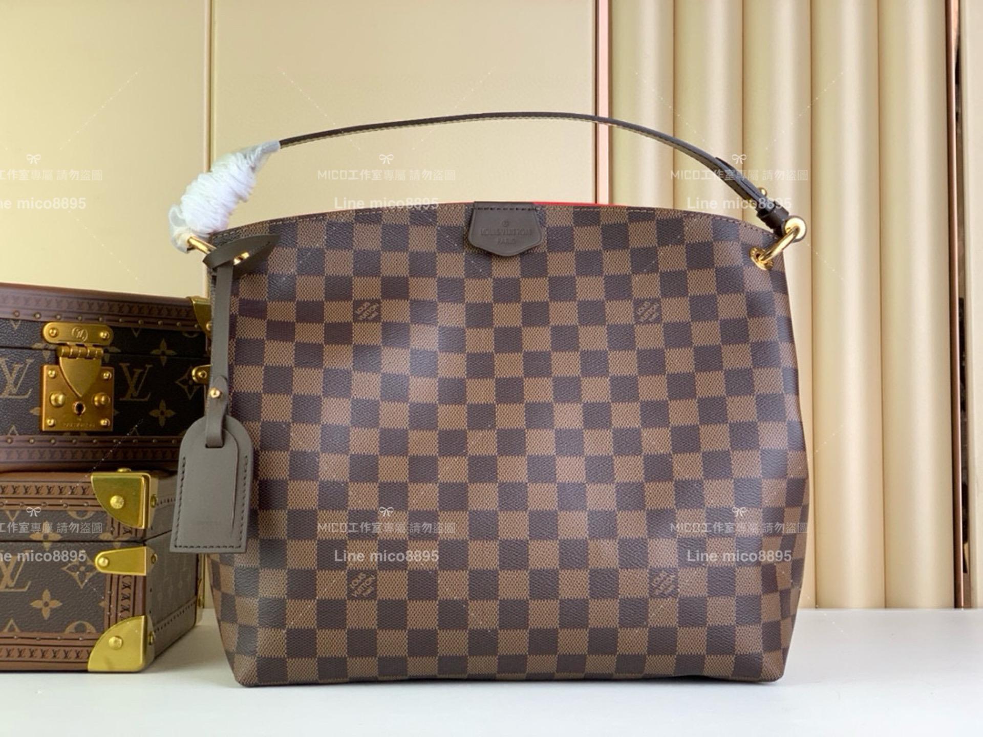 LV GRACEFUL PM 小號手袋 N44044 咖色棋盤格 (紅）Damier Azur 帆布購物袋 媽媽包 30cm