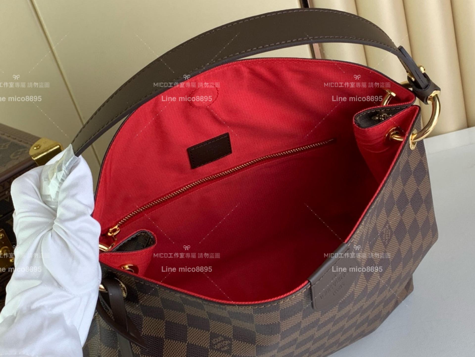 LV GRACEFUL PM 小號手袋 N44044 咖色棋盤格 (紅）Damier Azur 帆布購物袋 媽媽包 30cm