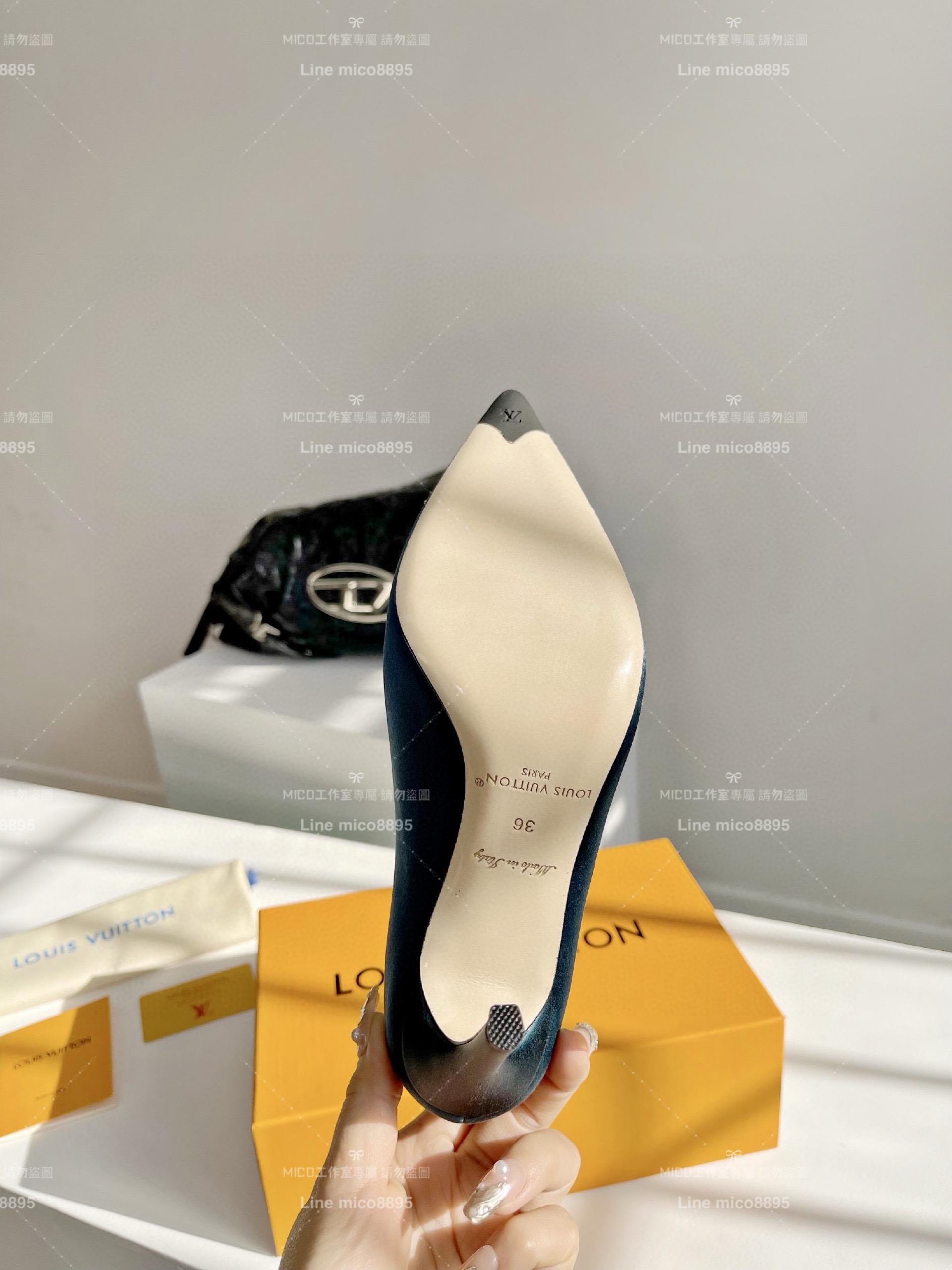 LV  Louis Vuitton  ｜Met系列 黑色真絲鞋面 鞋頭水鑽/圓鑽釦 尖頭高跟鞋 單鞋 7cm 35-39（40、41、42定制不退換)