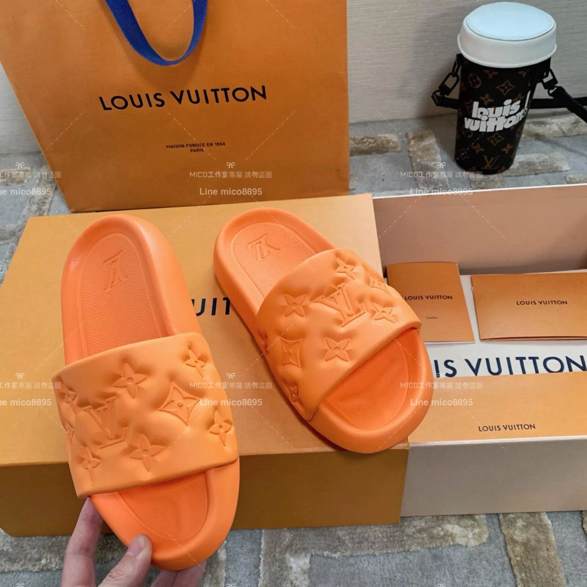 LV  Louis Vuitton ｜情侶款 🧑‍🤝‍🧑 Waterfront系列 橘色 老花壓紋款 沙灘拖鞋 36-45