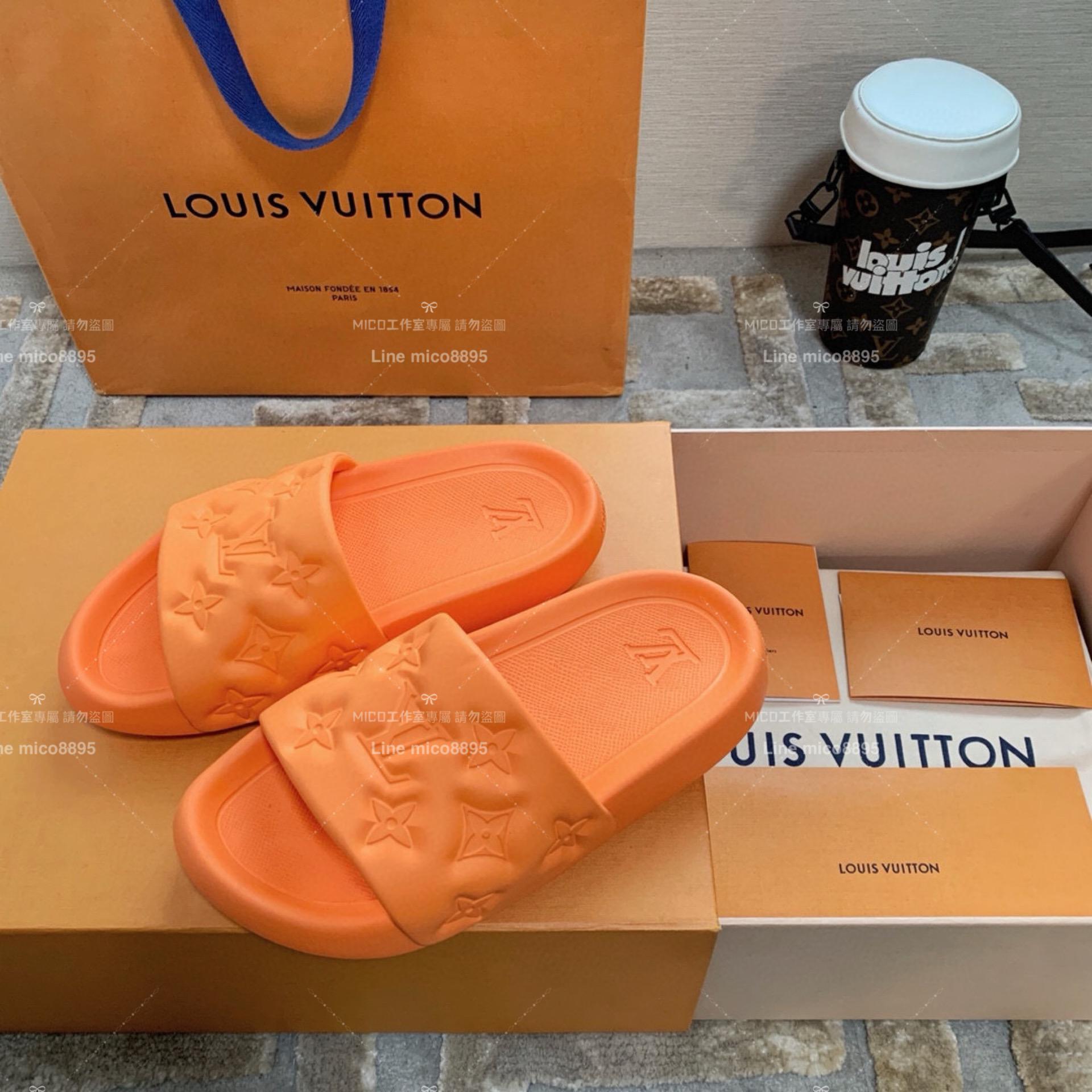 LV  Louis Vuitton ｜情侶款 🧑‍🤝‍🧑 Waterfront系列 橘色 老花壓紋款 沙灘拖鞋 36-45