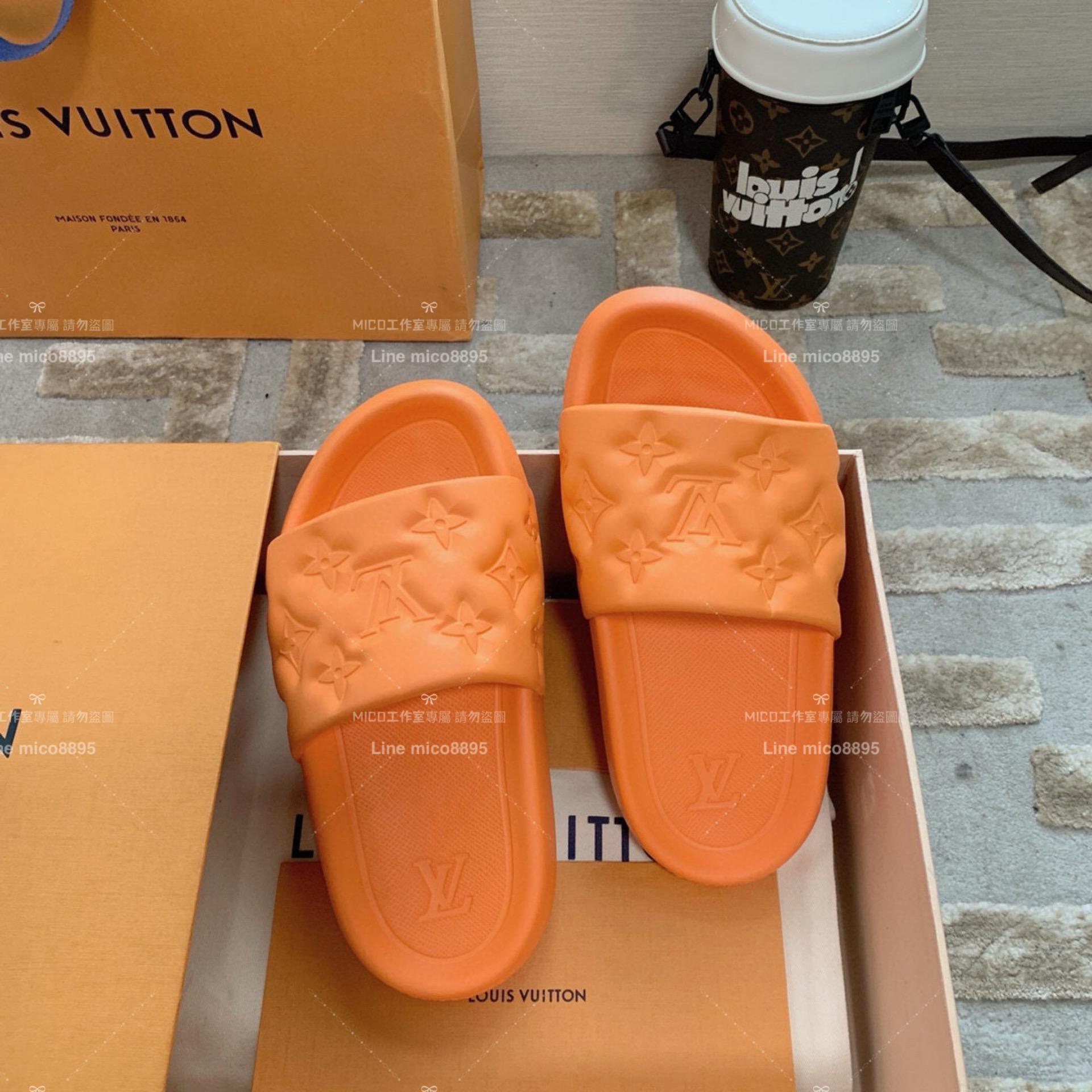 LV  Louis Vuitton ｜情侶款 🧑‍🤝‍🧑 Waterfront系列 橘色 老花壓紋款 沙灘拖鞋 36-45