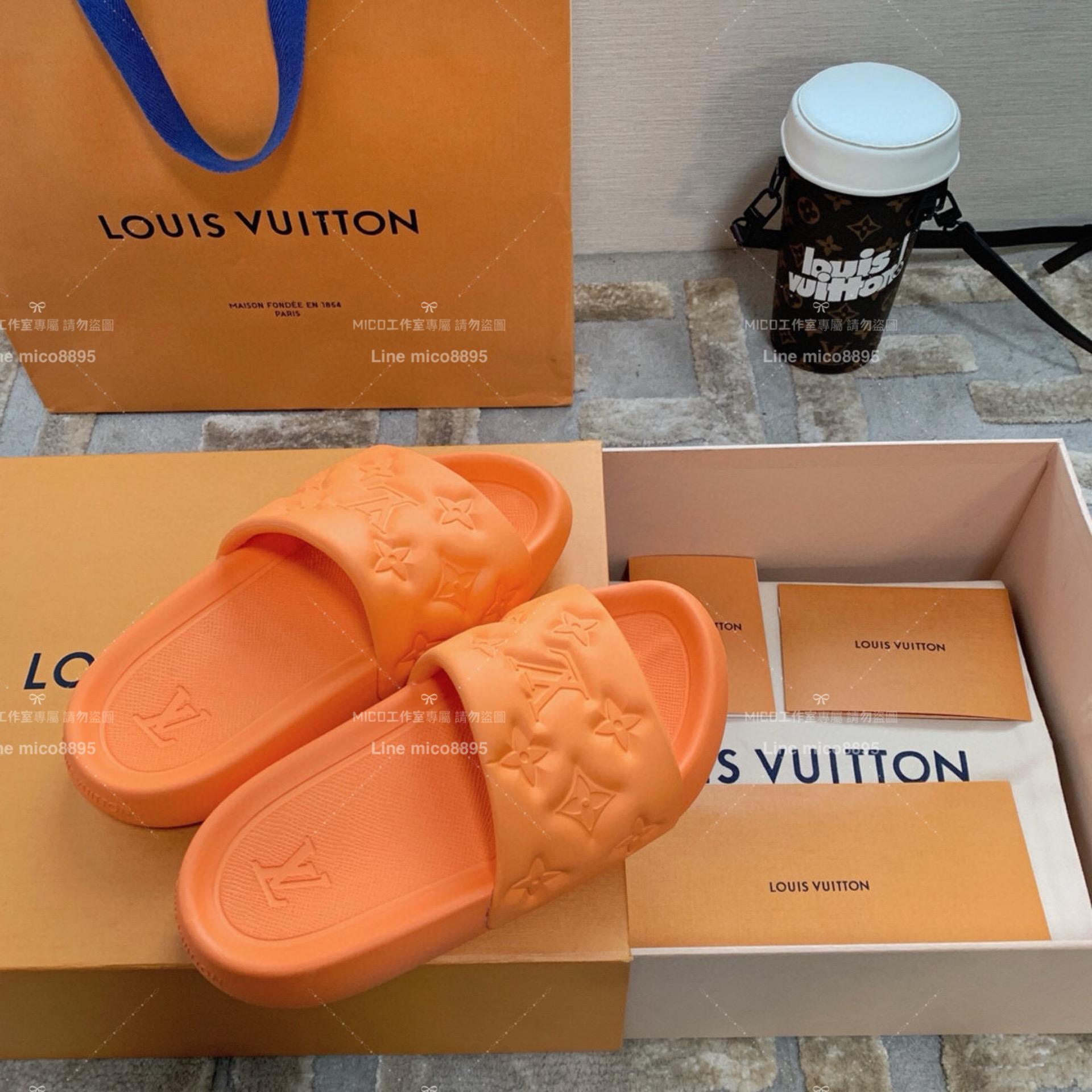 LV  Louis Vuitton ｜情侶款 🧑‍🤝‍🧑 Waterfront系列 橘色 老花壓紋款 沙灘拖鞋 36-45