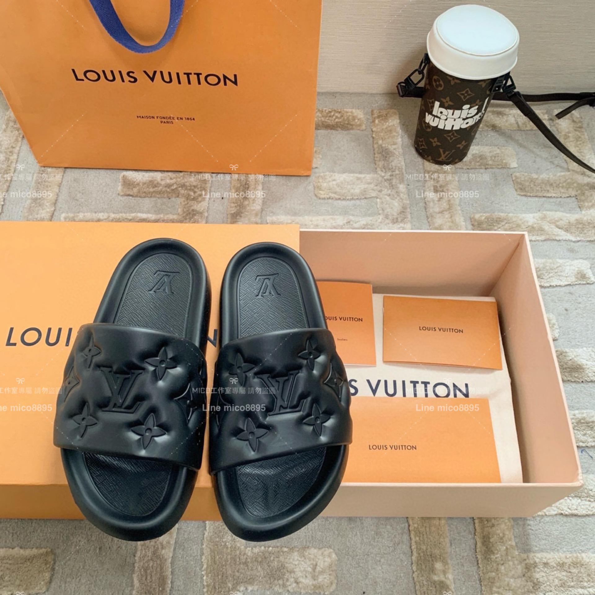 LV  Louis Vuitton ｜情侶款 🧑‍🤝‍🧑 Waterfront系列 黑色老花壓紋款 沙灘拖鞋 36-45