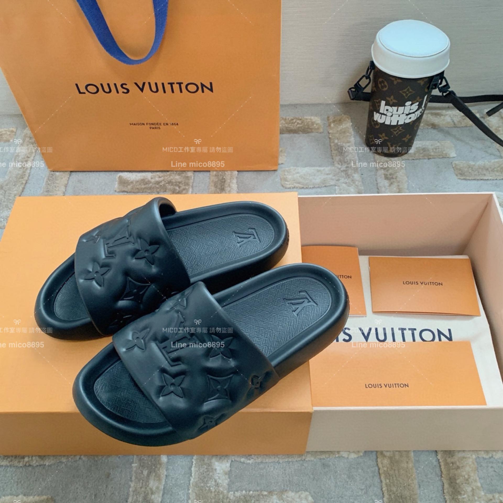 LV  Louis Vuitton ｜情侶款 🧑‍🤝‍🧑 Waterfront系列 黑色老花壓紋款 沙灘拖鞋 36-45