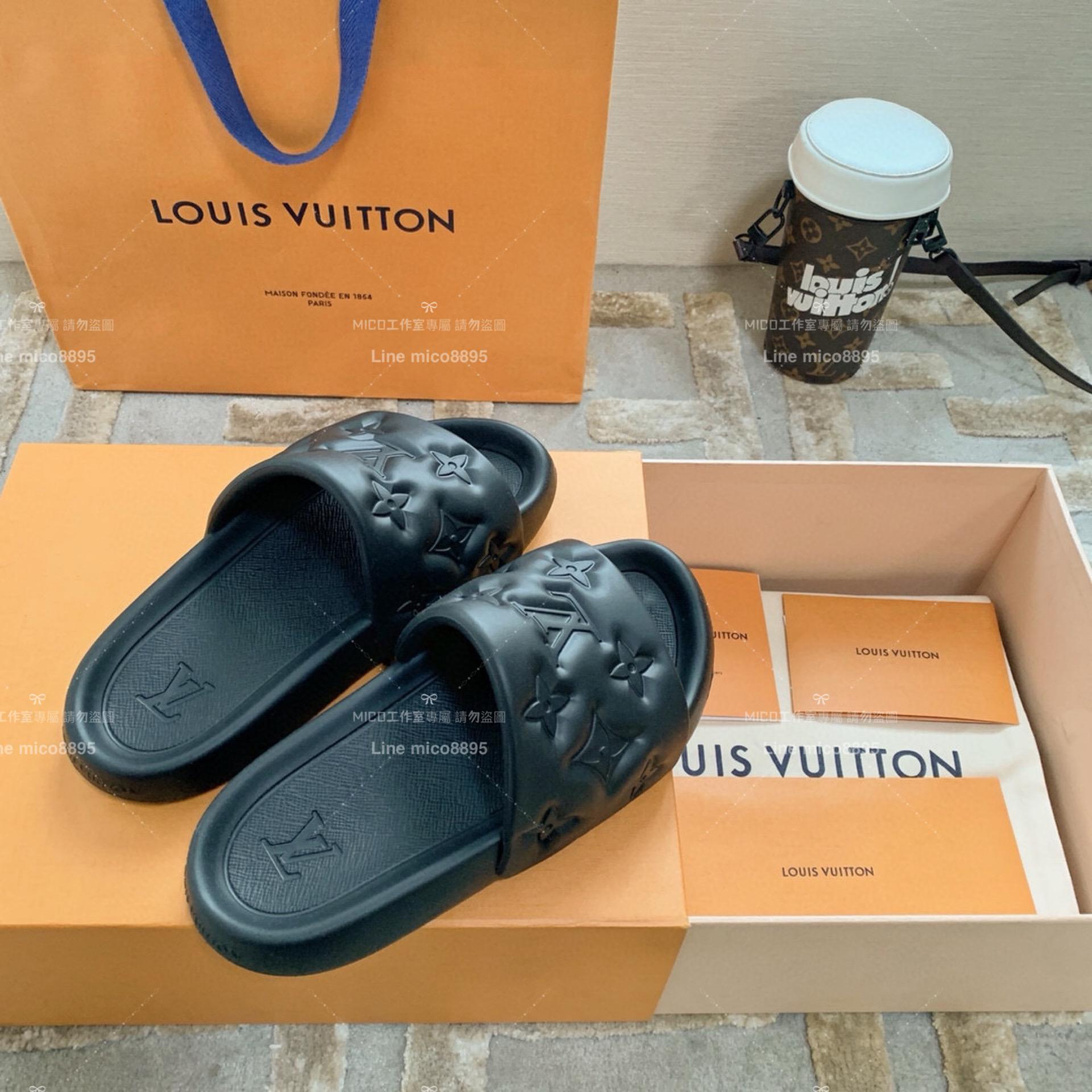 LV  Louis Vuitton ｜情侶款 🧑‍🤝‍🧑 Waterfront系列 黑色老花壓紋款 沙灘拖鞋 36-45