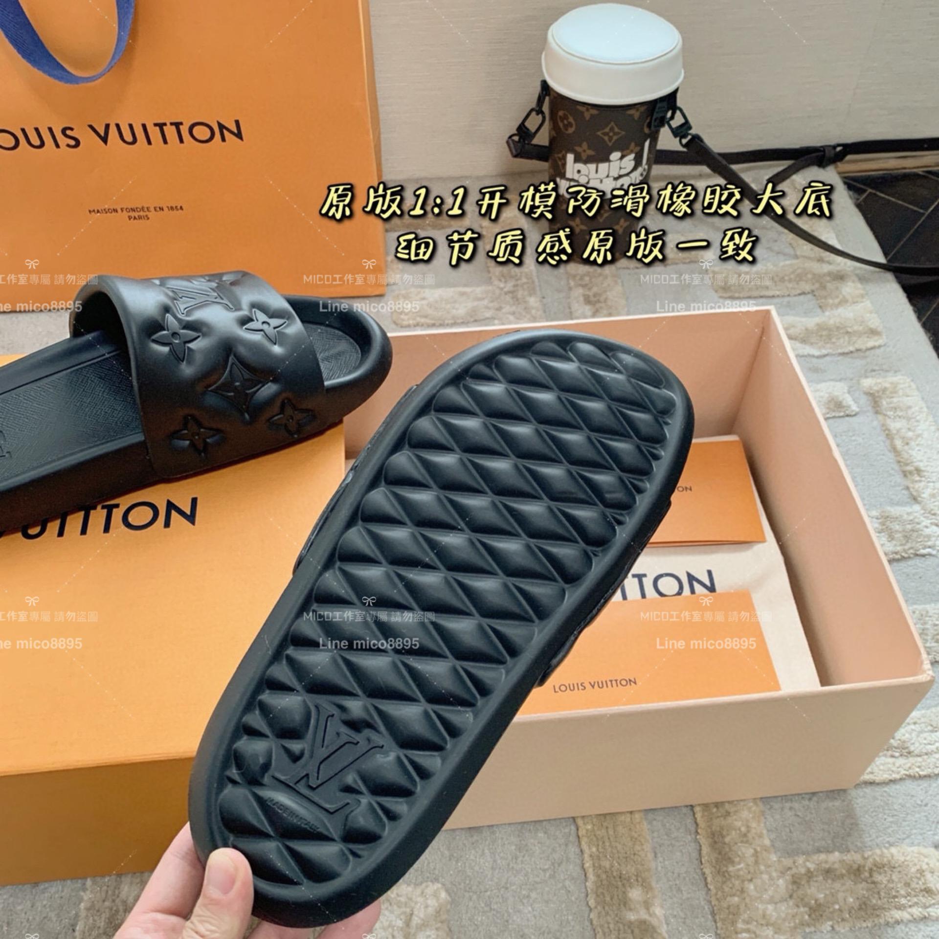 LV  Louis Vuitton ｜情侶款 🧑‍🤝‍🧑 Waterfront系列 黑色老花壓紋款 沙灘拖鞋 36-45