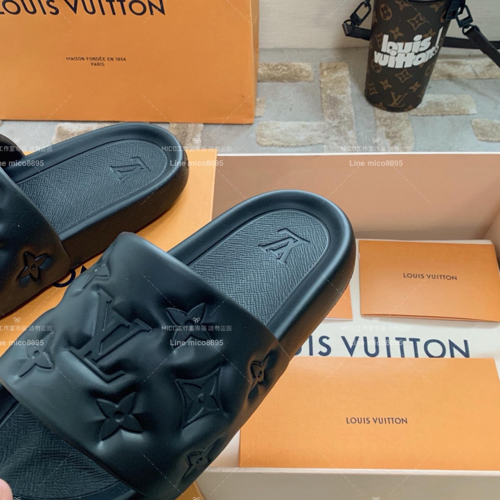 LV  Louis Vuitton ｜情侶款 🧑‍🤝‍🧑 Waterfront系列 黑色老花壓紋款 沙灘拖鞋 36-45