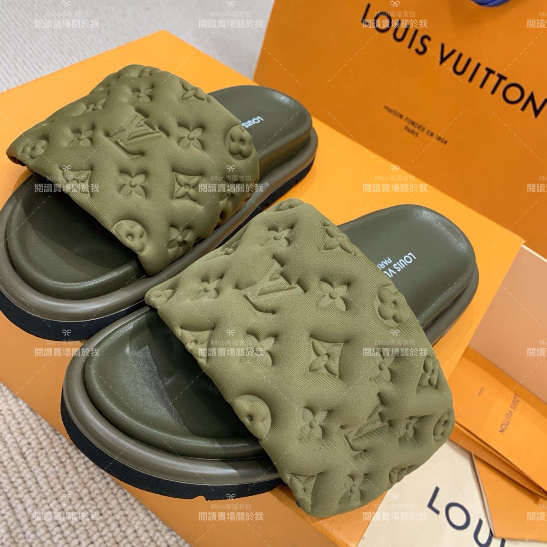 LV  Louis Vuitton ｜橄欖綠 Pool Pillow Comfort 魔術貼壓紋拖鞋 女鞋 35-41