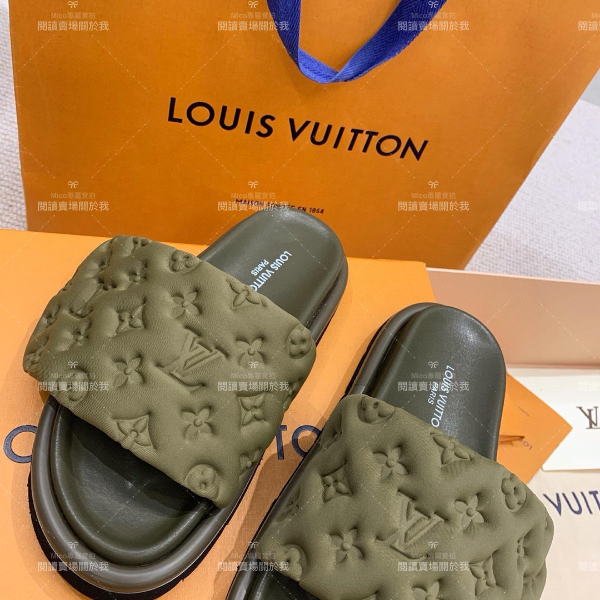 LV  Louis Vuitton ｜橄欖綠 Pool Pillow Comfort 魔術貼壓紋拖鞋 女鞋 35-41