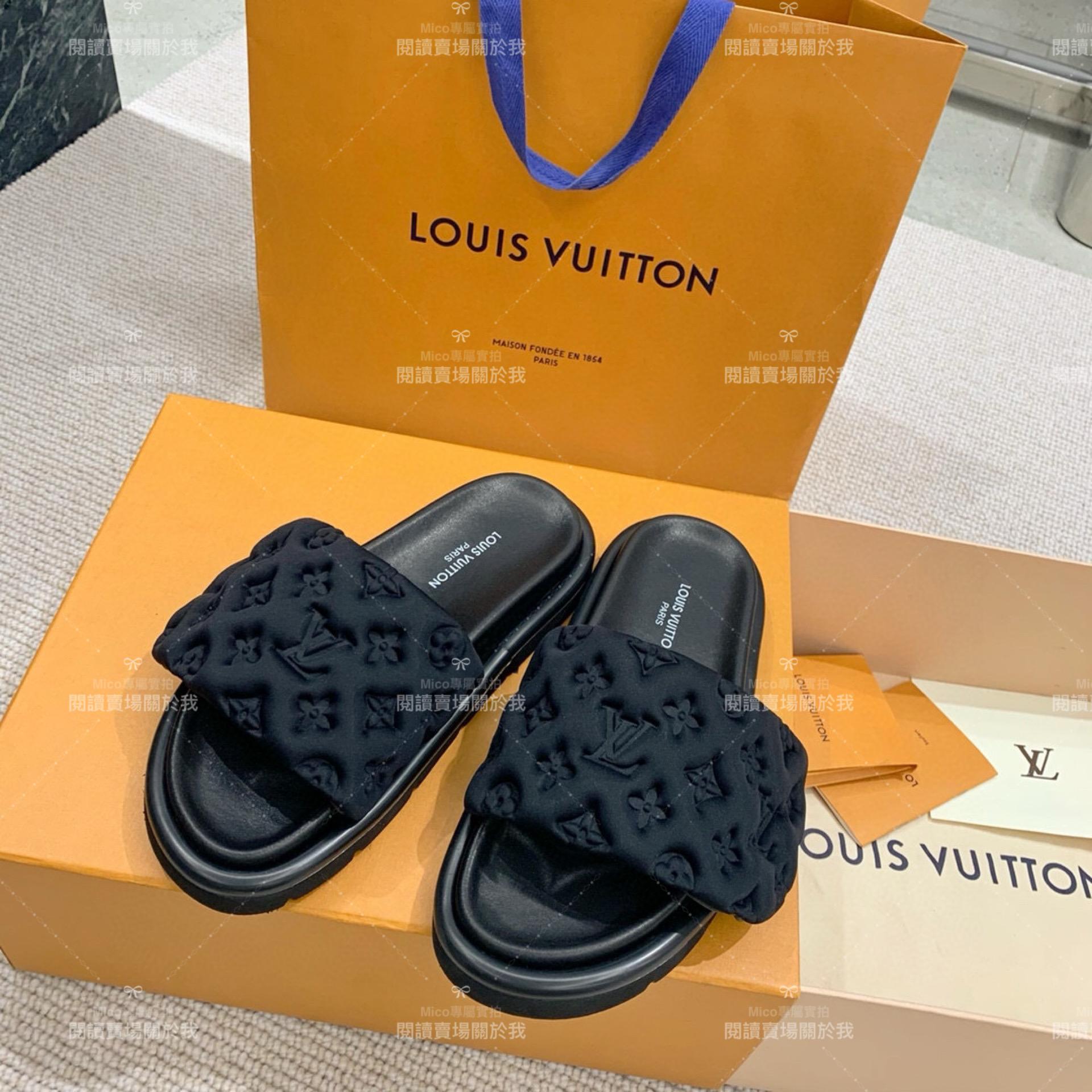 LV  Louis Vuitton ｜黑色Pool Pillow Comfort 魔術貼壓紋拖鞋 女鞋 35-41