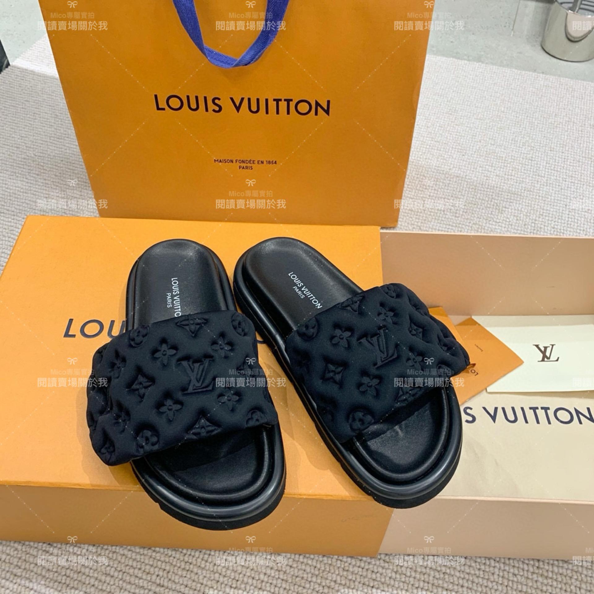 LV  Louis Vuitton ｜黑色Pool Pillow Comfort 魔術貼壓紋拖鞋 女鞋 35-41