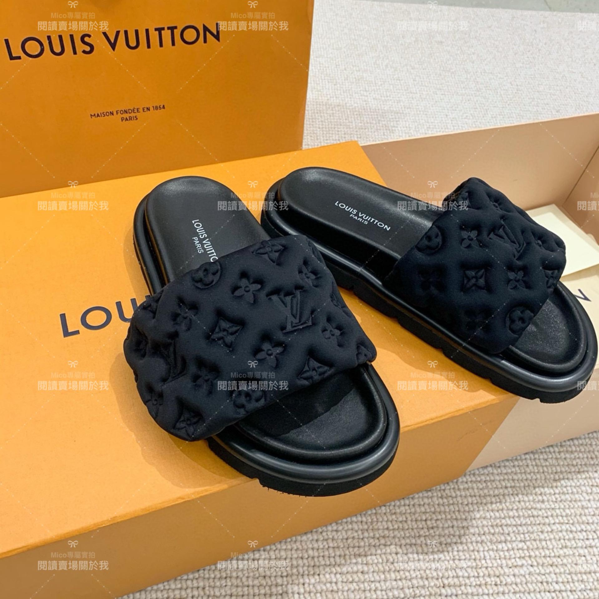 LV  Louis Vuitton ｜黑色Pool Pillow Comfort 魔術貼壓紋拖鞋 女鞋 35-41