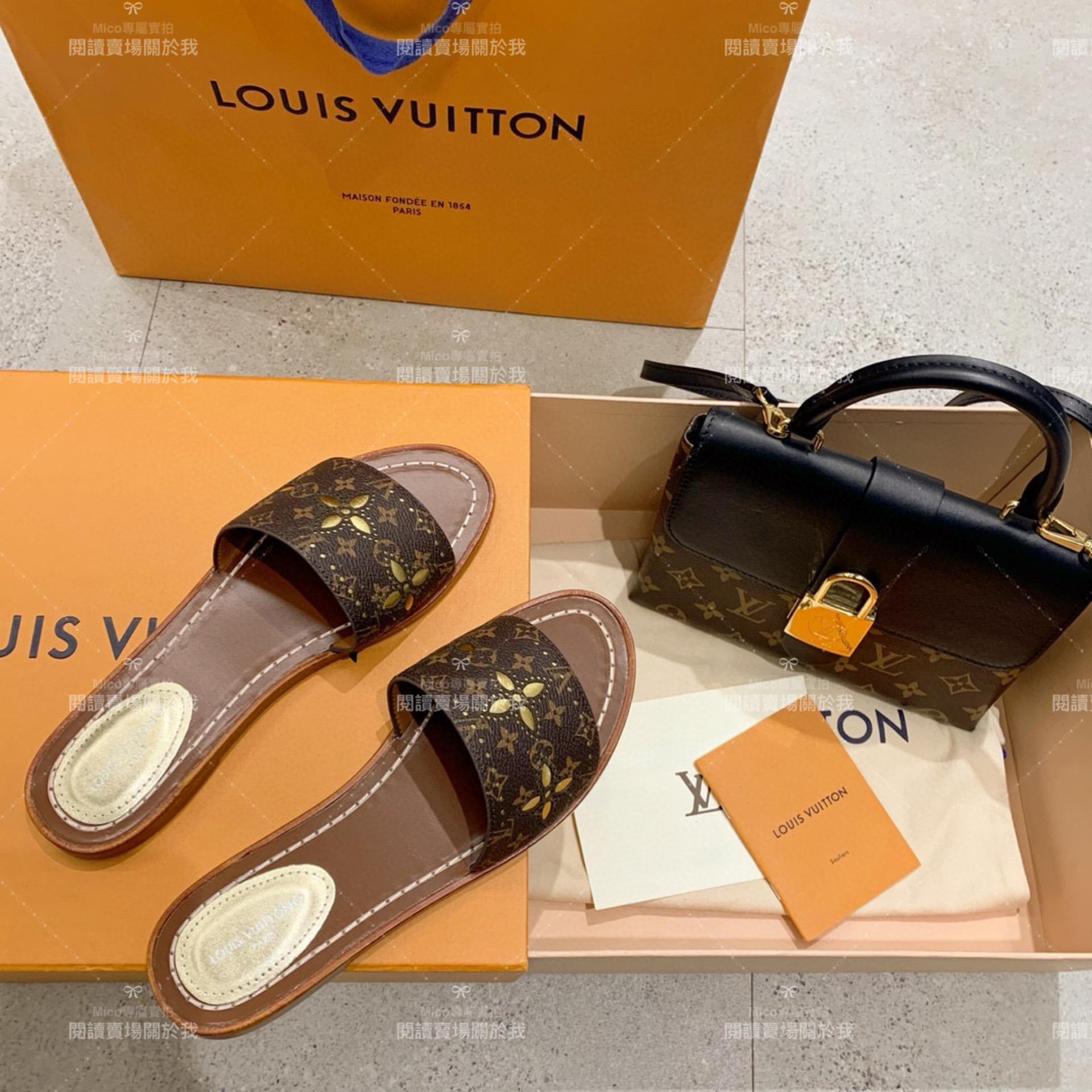 LV  Louis Vuitton ｜LOCK IT 老花皮革 元素平底拖鞋 35-40