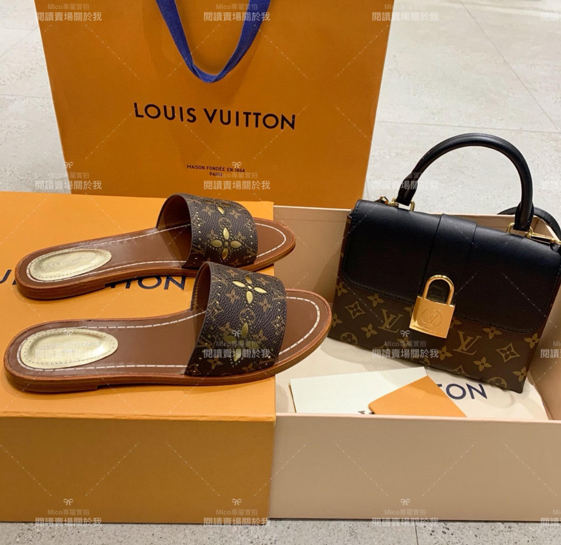 LV  Louis Vuitton ｜LOCK IT 老花皮革 元素平底拖鞋 35-40