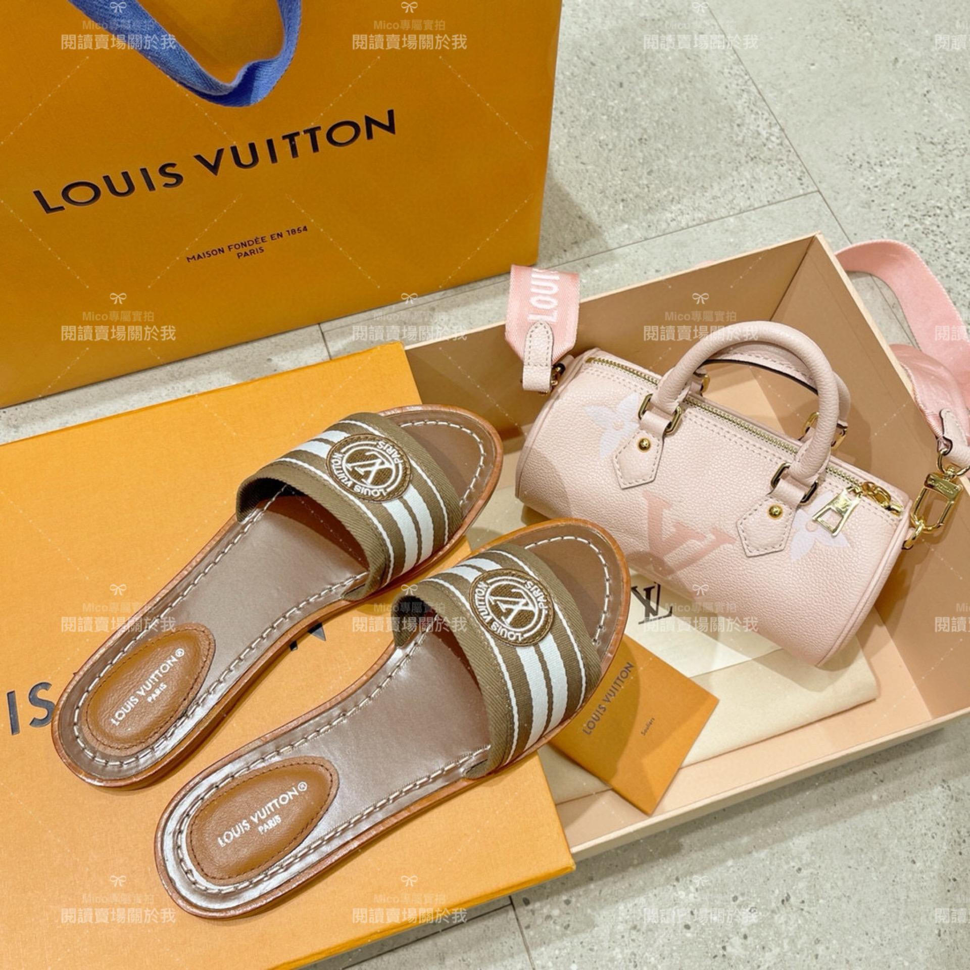 LV  Louis Vuitton ｜LOCK IT 棕色條紋渡假風格平底拖鞋 35-40