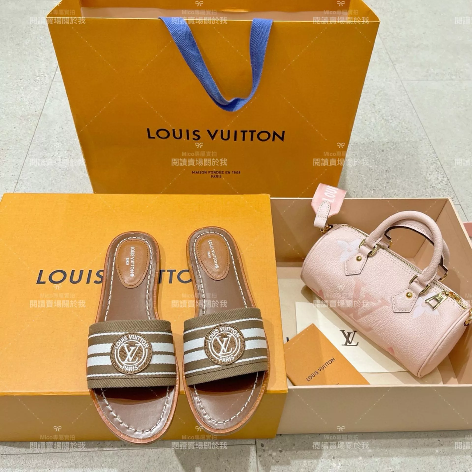 LV  Louis Vuitton ｜LOCK IT 棕色條紋渡假風格平底拖鞋 35-40