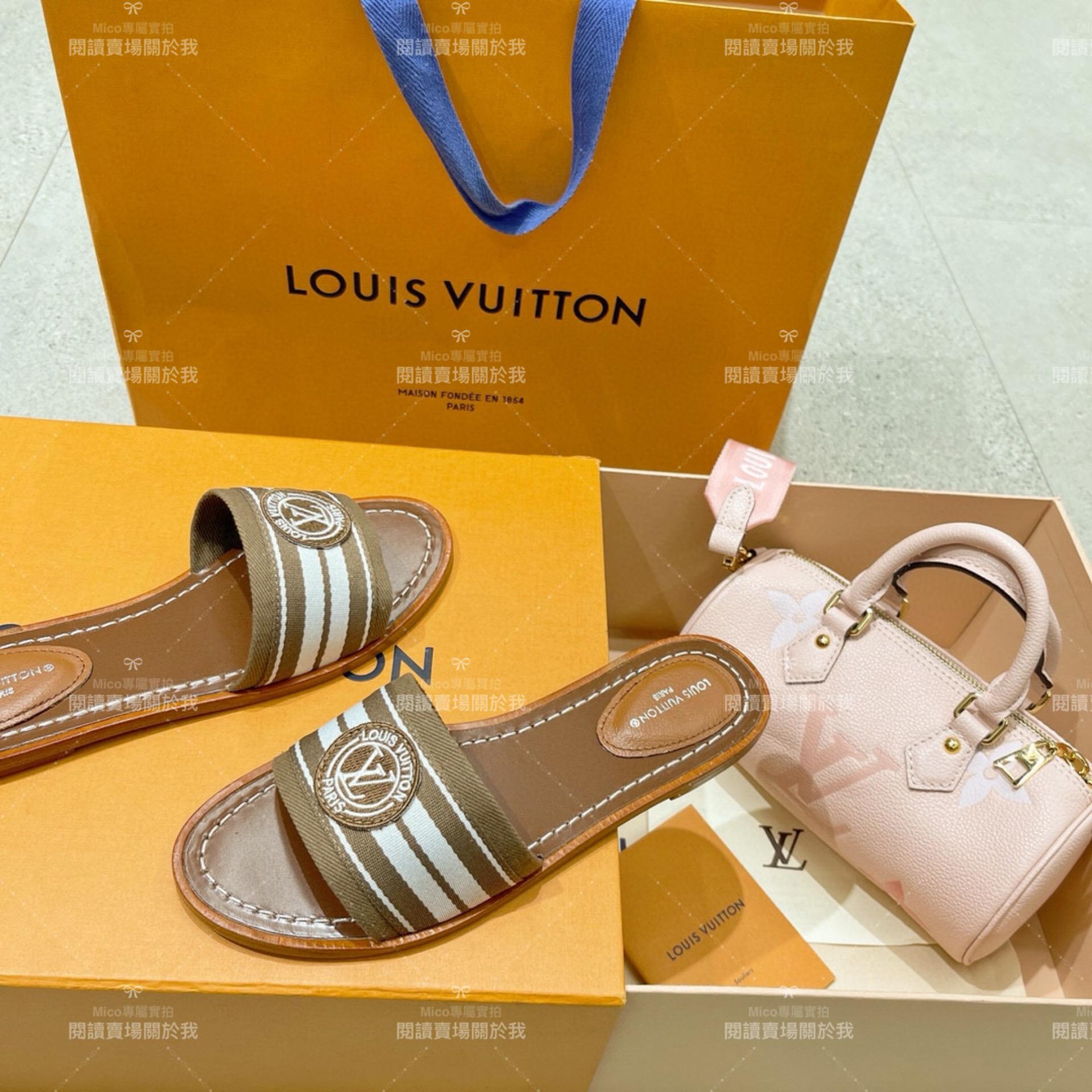 LV  Louis Vuitton ｜LOCK IT 棕色條紋渡假風格平底拖鞋 35-40