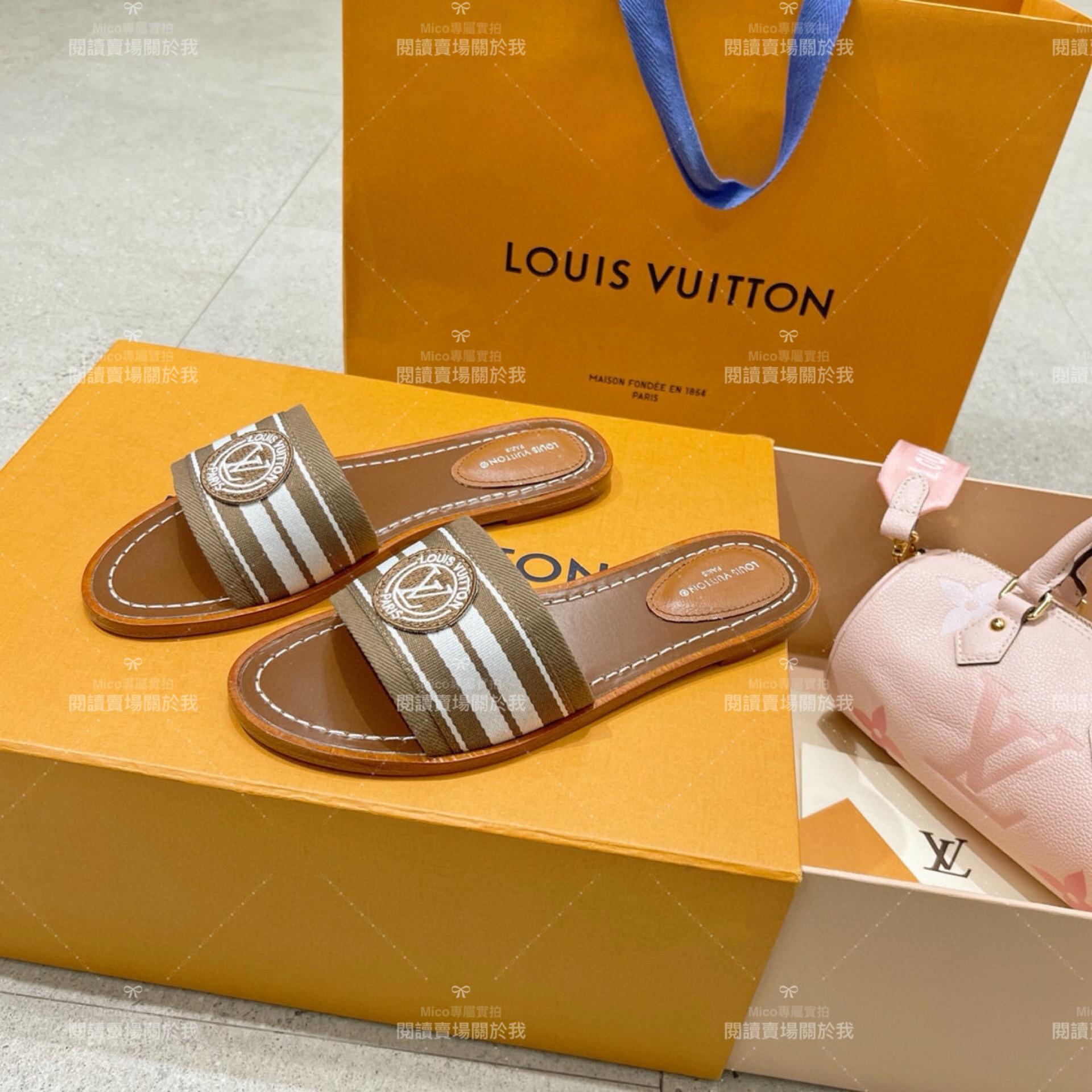 LV  Louis Vuitton ｜LOCK IT 棕色條紋渡假風格平底拖鞋 35-40