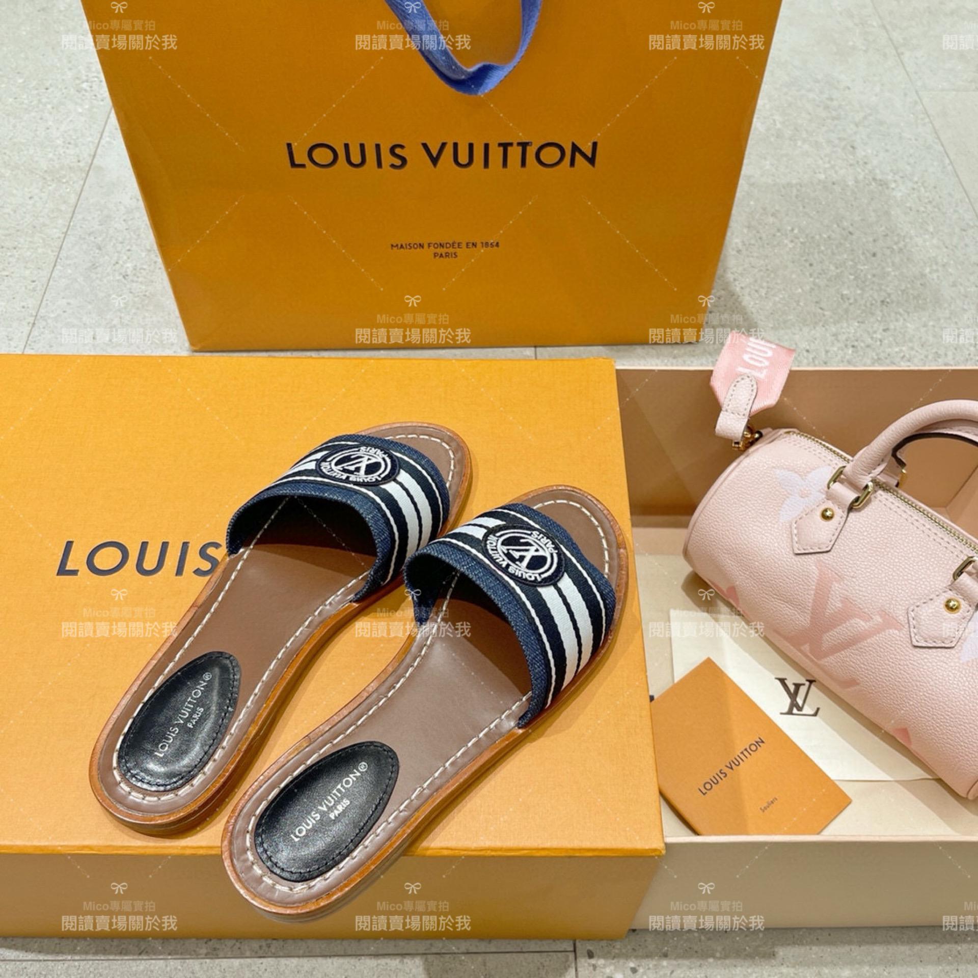 LV  Louis Vuitton ｜LOCK IT 牛仔藍 條紋度假風格平底拖鞋 35-40