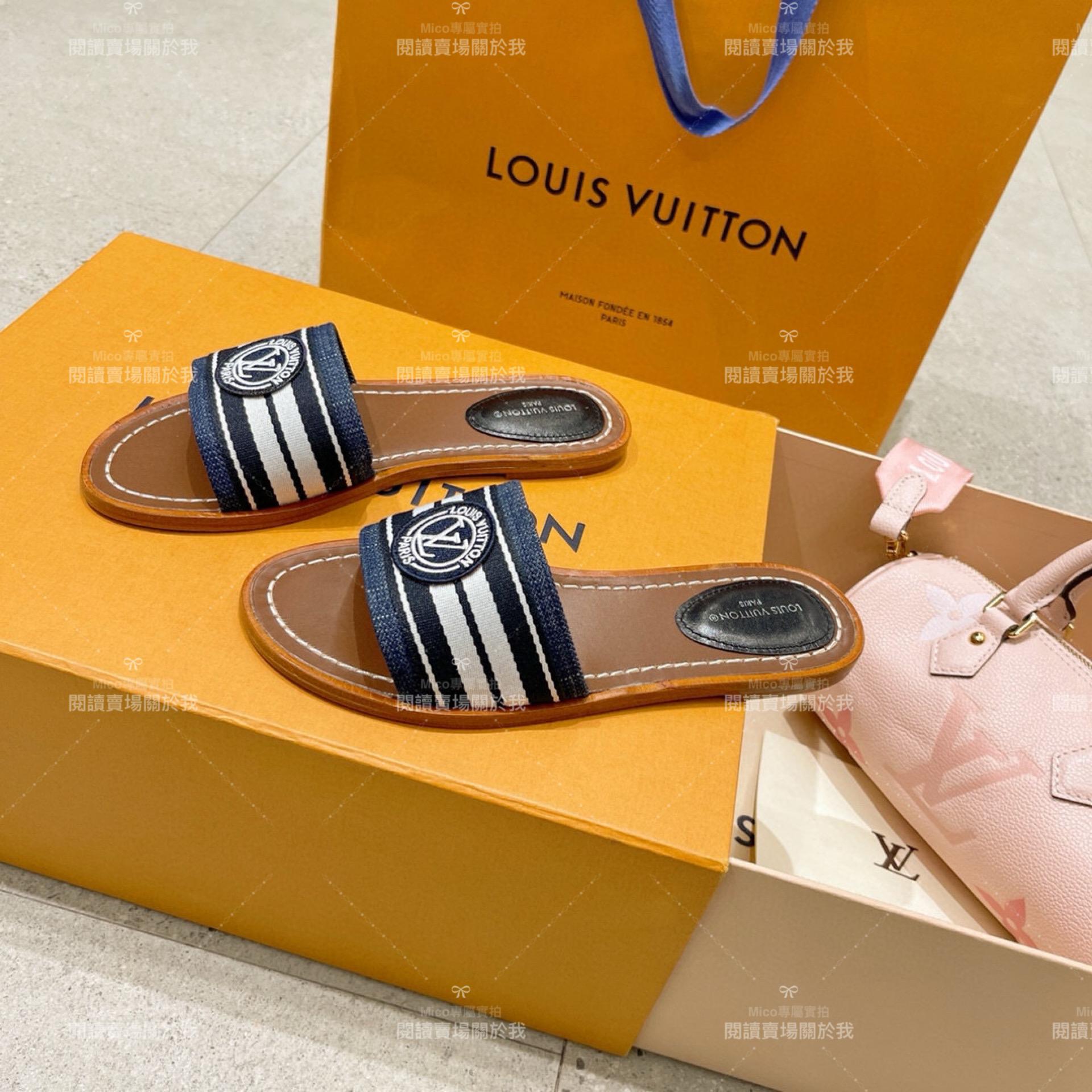 LV  Louis Vuitton ｜LOCK IT 牛仔藍 條紋度假風格平底拖鞋 35-40