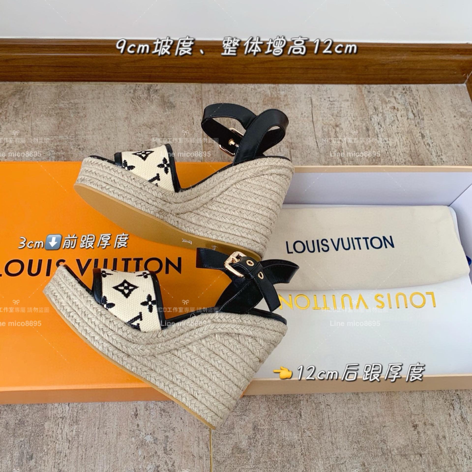 LV Starboard 系列 黑色拉菲草 楔形鞋/厚底坡跟涼鞋 底厚12cm 35-40