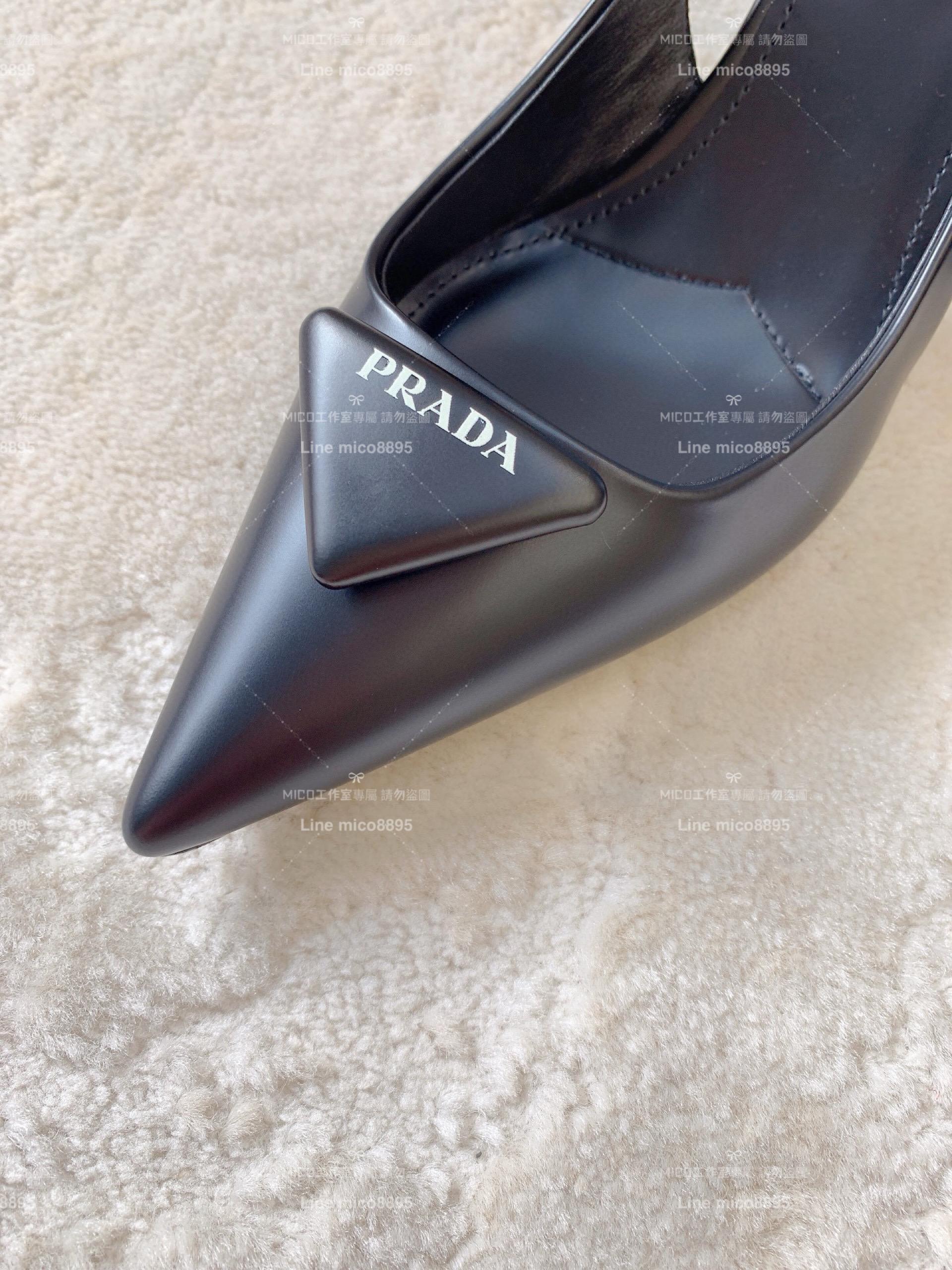 PRADA 普拉達 黑色牛皮 時髦尖頭小貓跟繫帶高跟鞋 涼鞋 5.5cm 35-40