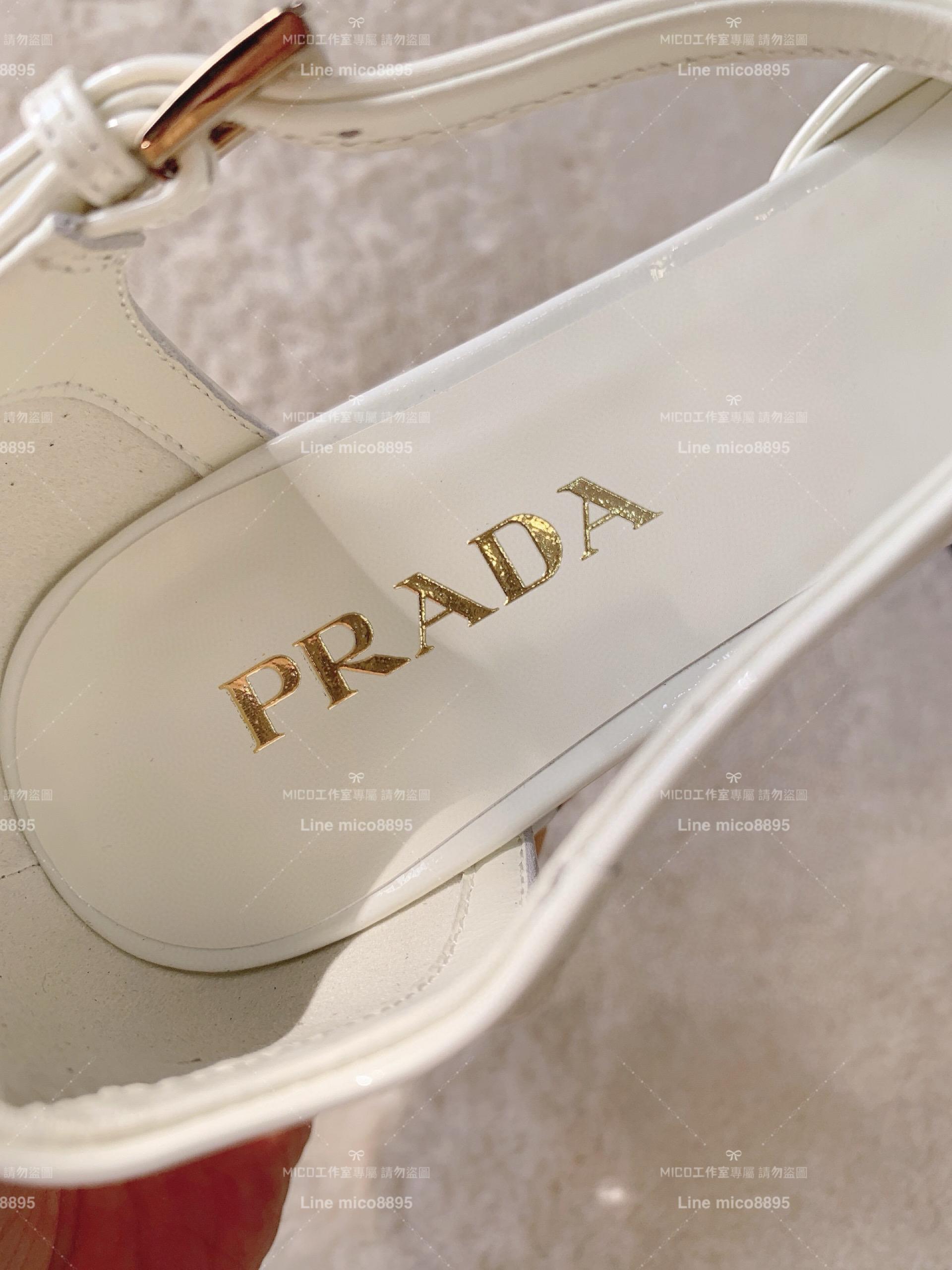 PRADA 普拉達 白色漆皮 復古圓頭瑪麗珍漆皮繫帶涼鞋 35-40