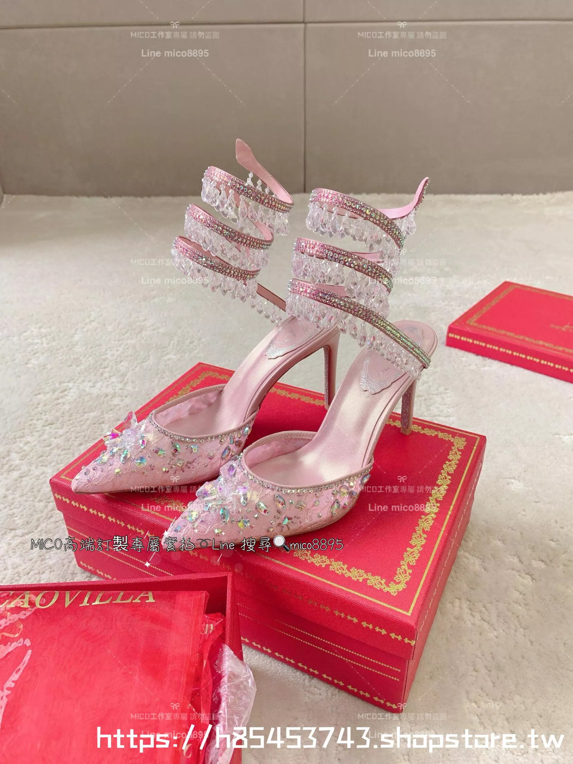 Rene Caovilla | 2024 Cleo 粉色 蛇行繞帶高跟鞋 水晶鞋 7.5cm 35-40