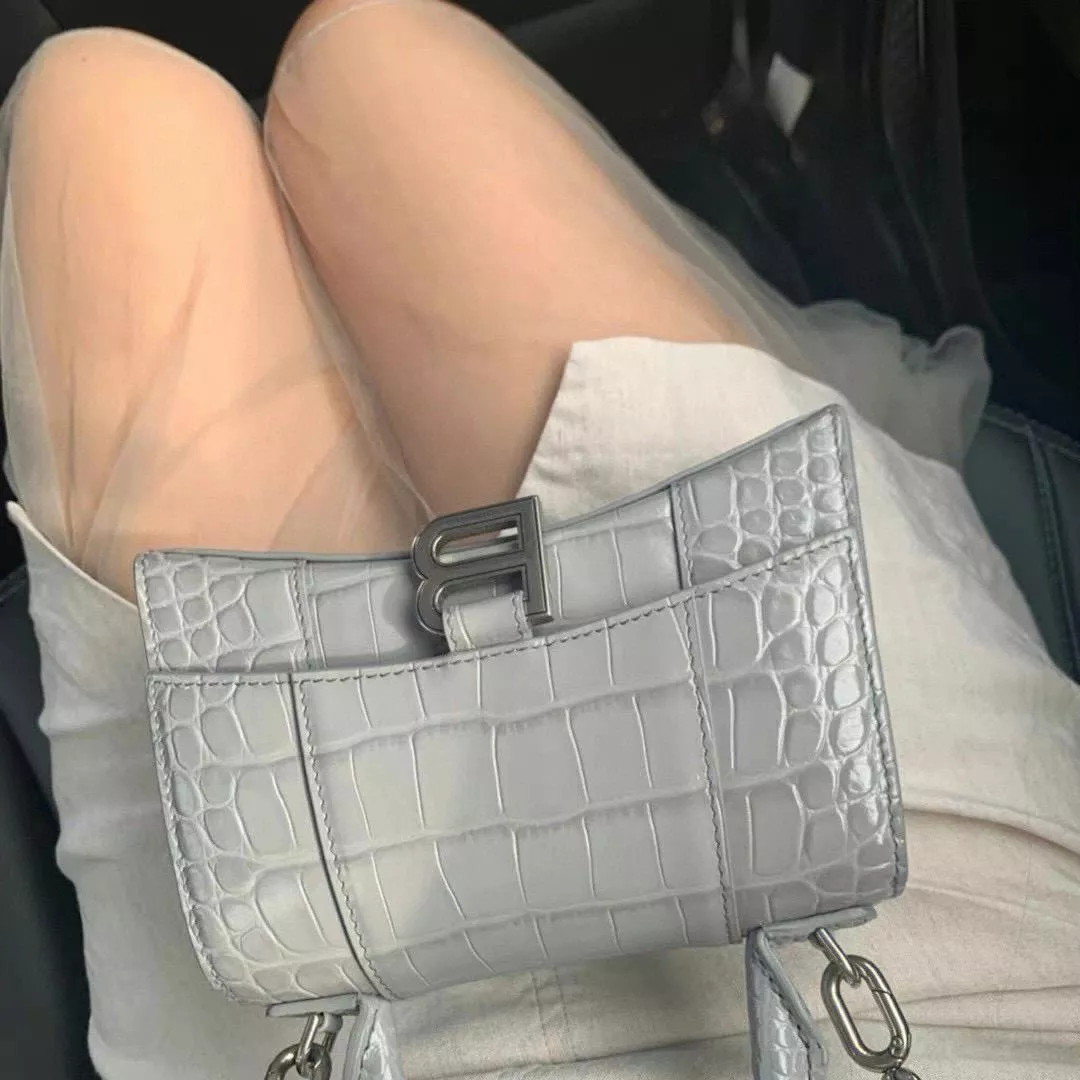 Balenciaga 灰色銀釦 鱷魚壓紋皮革 搭配小羊皮內裏 沙漏包 XS 19cm