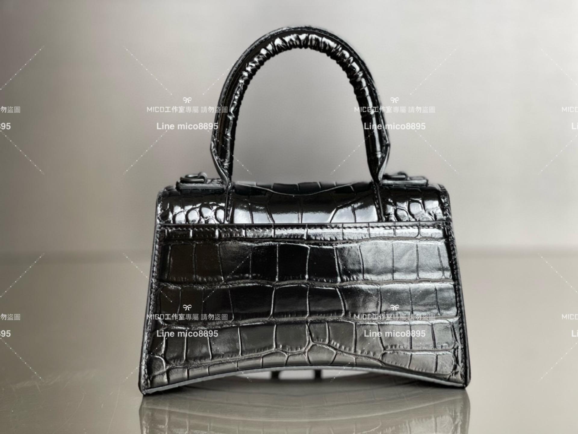 Balenciaga All Black 鱷魚壓紋皮革 搭配小羊皮內裏 沙漏包 XS 19cm