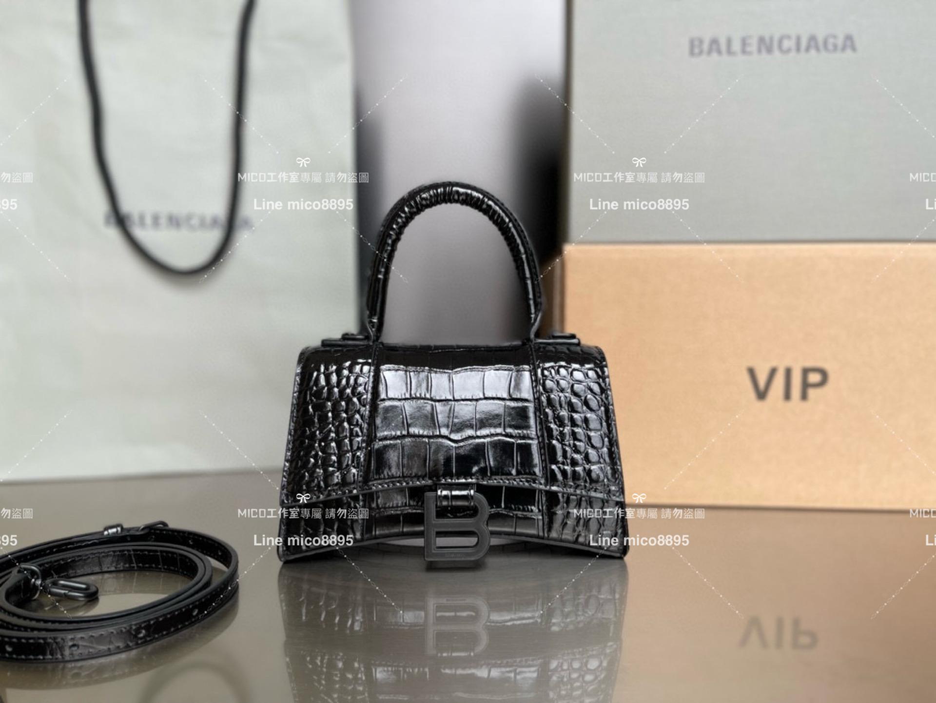 Balenciaga All Black 鱷魚壓紋皮革 搭配小羊皮內裏 沙漏包 XS 19cm