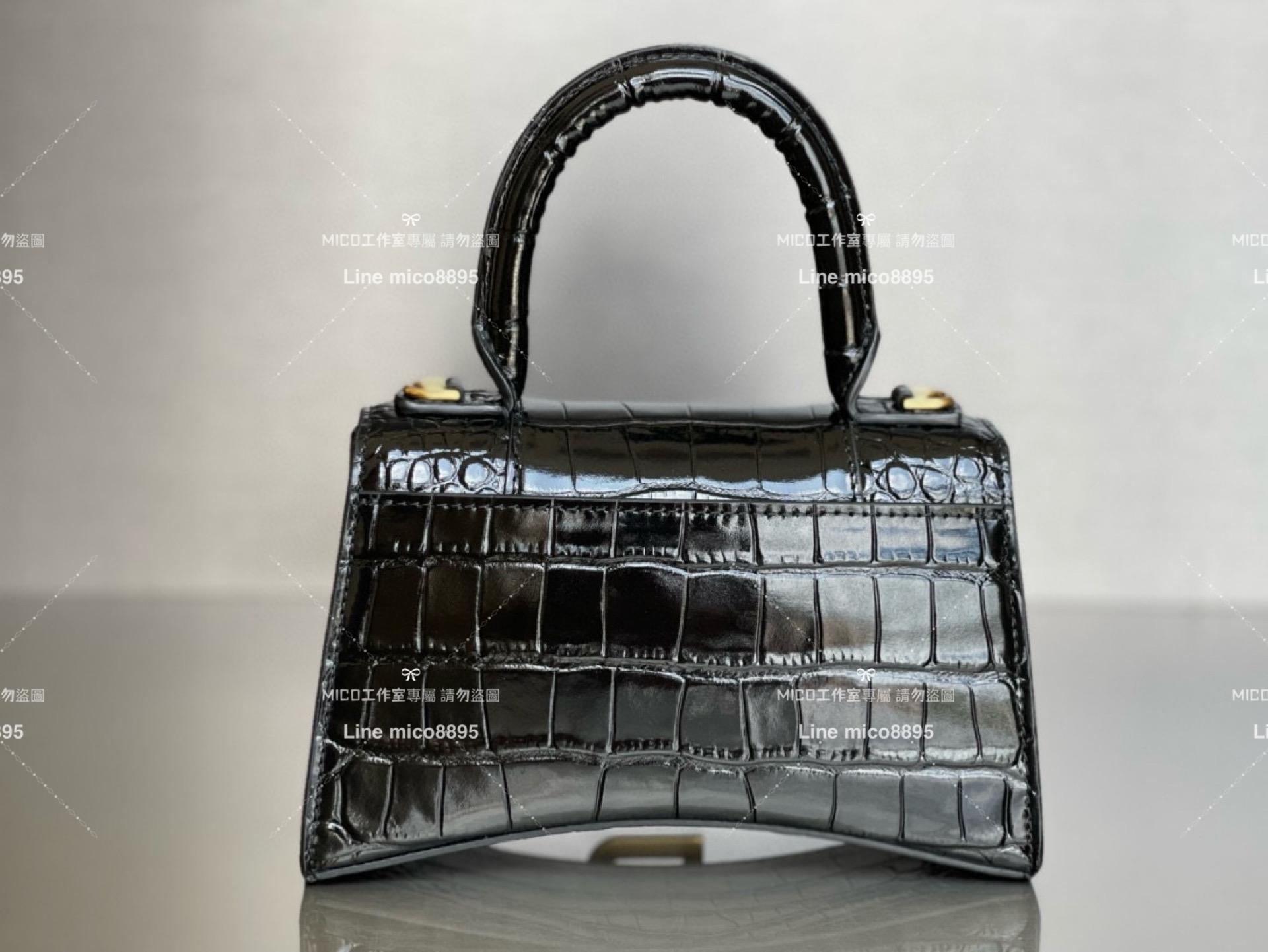 Balenciaga 黑色金釦 鱷魚壓紋皮革 搭配小羊皮內裏 沙漏包 XS 19cm