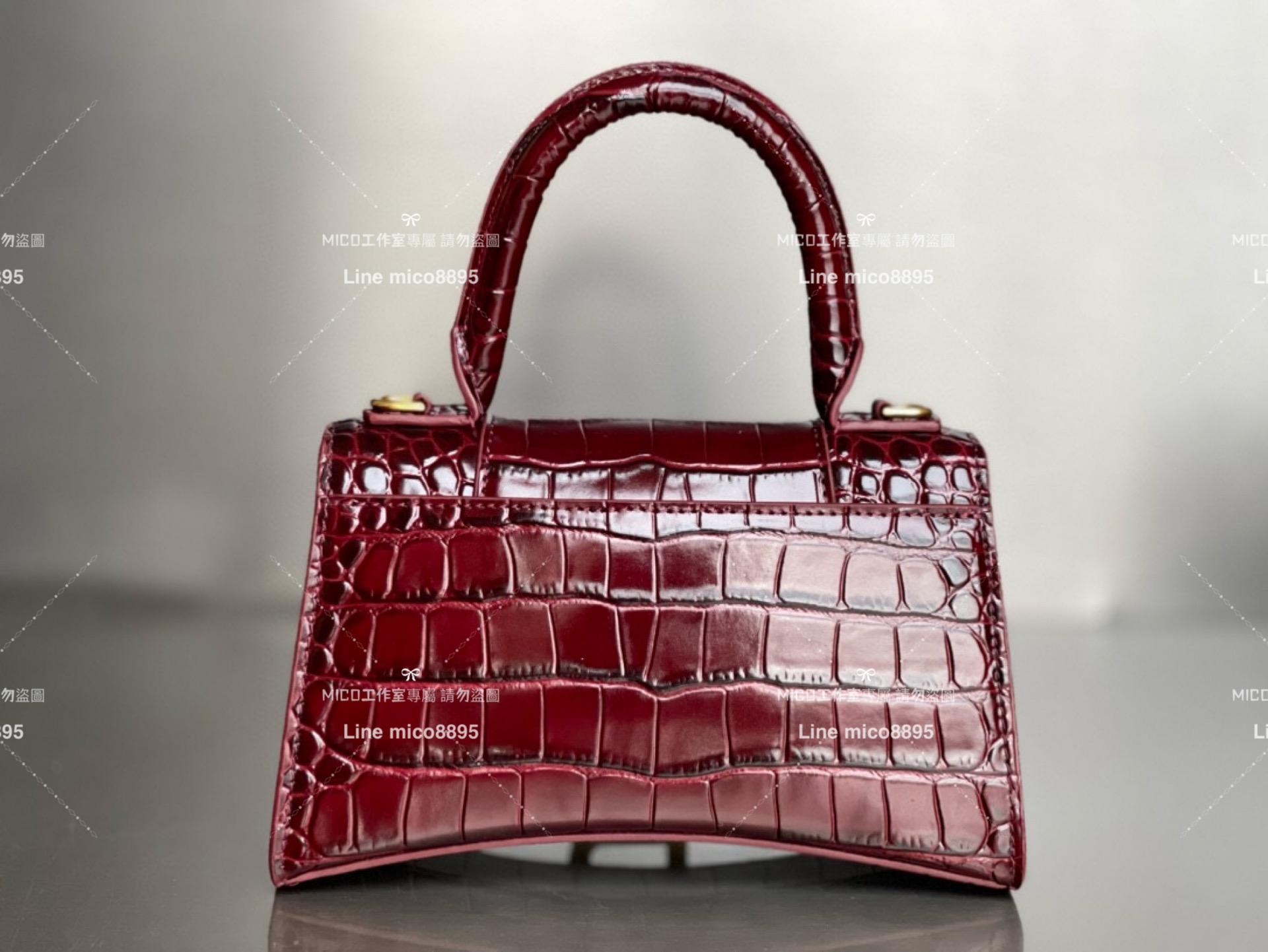 Balenciaga 酒紅金釦 鱷魚壓紋皮革 搭配小羊皮內裏 沙漏包 XS 19cm