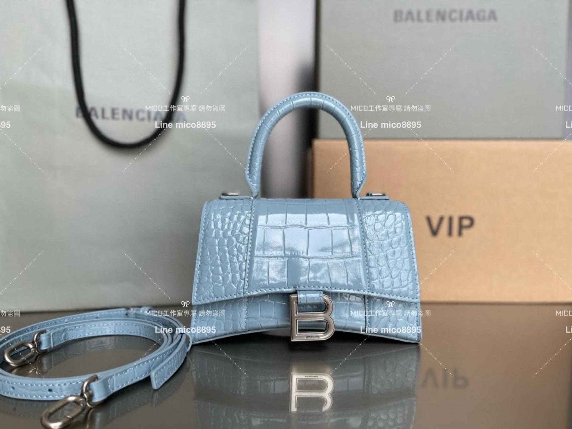 Balenciaga 霧霾藍銀釦 鱷魚壓紋皮革 搭配小羊皮內裏 沙漏包 XS 19cm