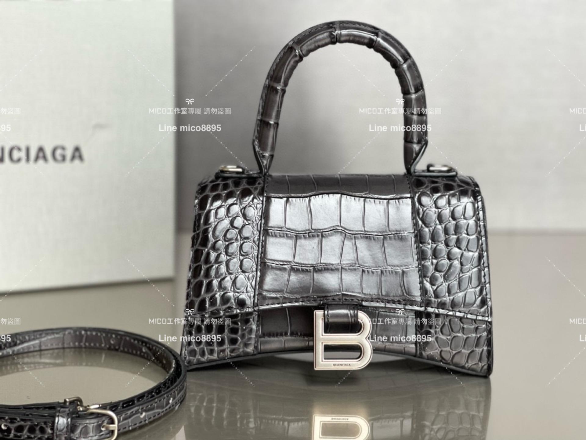 Balenciaga 菸灰黑銀釦 鱷魚壓紋皮革 搭配小羊皮內裏 沙漏包 XS 19cm